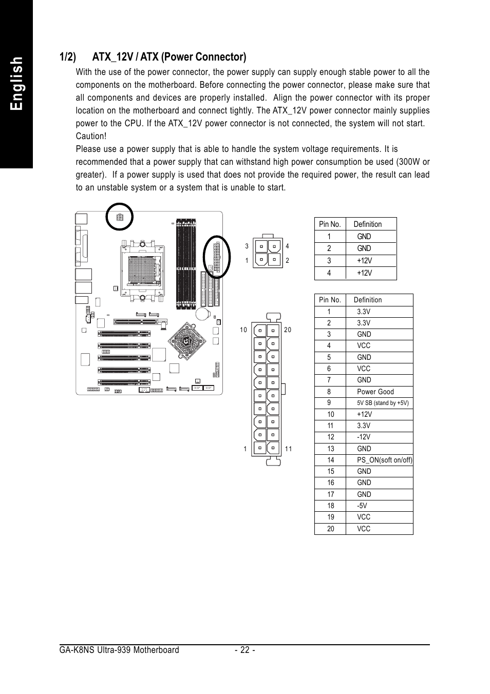 English, 1/2) atx_12v / atx (power connector) | GIGABYTE GA-K8NS ULTRA-939 User Manual | Page 22 / 96