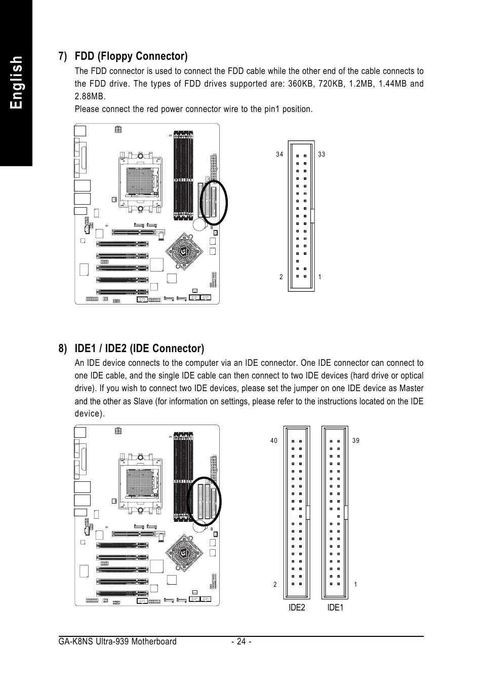 English, 7) fdd (floppy connector), 8) ide1 / ide2 (ide connector) | GIGABYTE GA-K8NS ULTRA-939 User Manual | Page 24 / 96