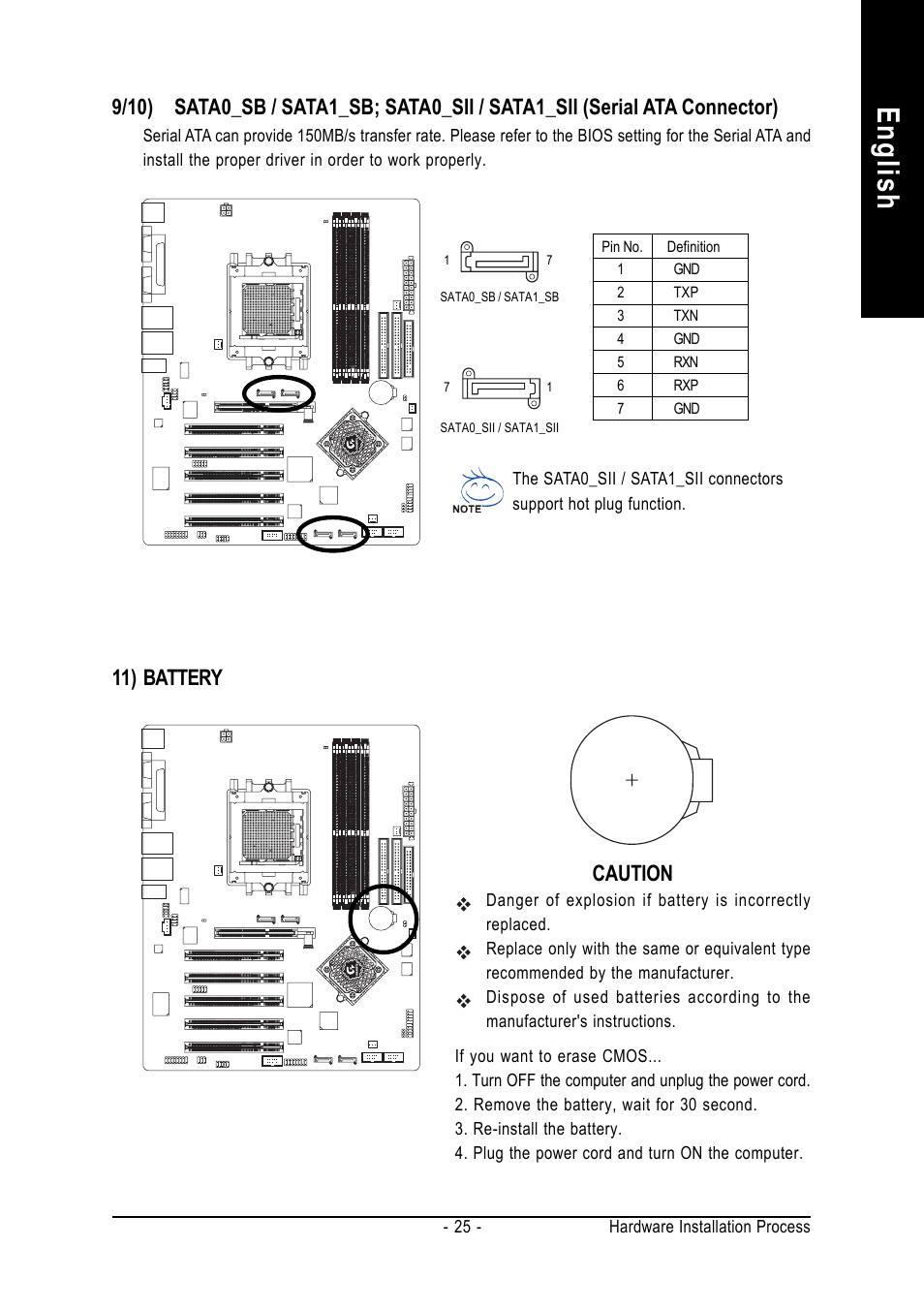 English, 11) battery caution | GIGABYTE GA-K8NS ULTRA-939 User Manual | Page 25 / 96