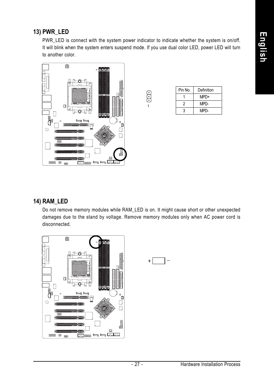 English, 13) pwr_led, 14) ram_led | GIGABYTE GA-K8NS ULTRA-939 User Manual | Page 27 / 96