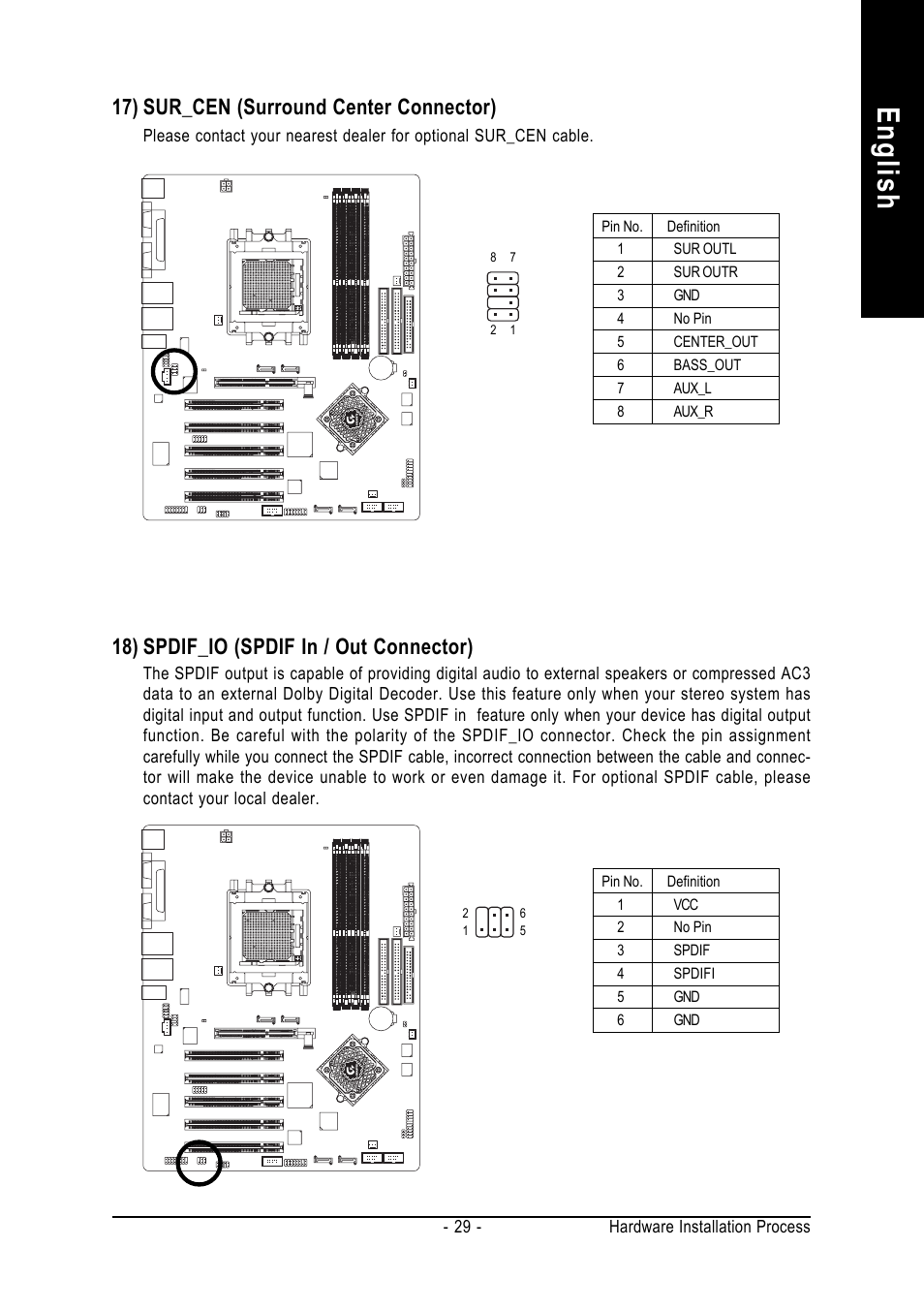 English, 17) sur_cen (surround center connector), 18) spdif_io (spdif in / out connector) | GIGABYTE GA-K8NS ULTRA-939 User Manual | Page 29 / 96