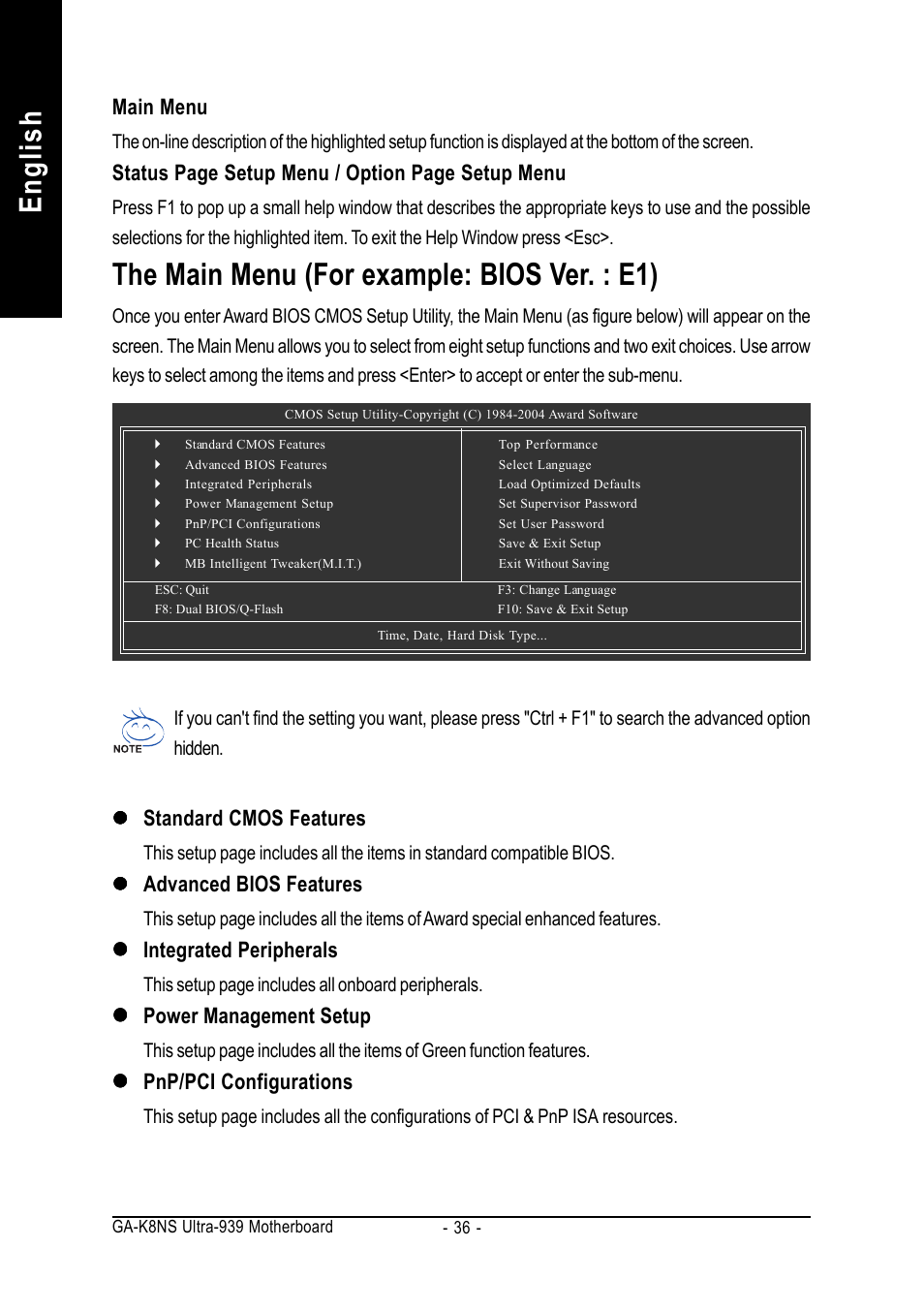 English, The main menu (for example: bios ver. : e1) | GIGABYTE GA-K8NS ULTRA-939 User Manual | Page 36 / 96