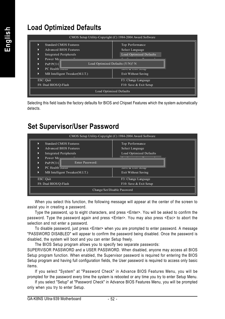 English, Set supervisor/user password, Load optimized defaults | GIGABYTE GA-K8NS ULTRA-939 User Manual | Page 52 / 96