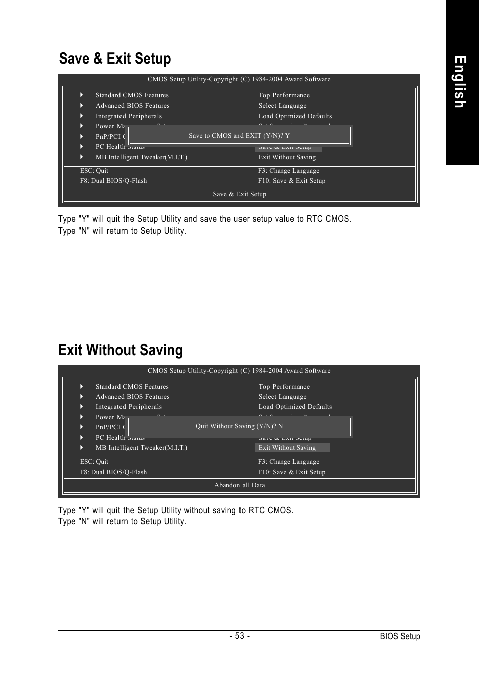 English, Exit without saving, Save & exit setup | Bios setup | GIGABYTE GA-K8NS ULTRA-939 User Manual | Page 53 / 96