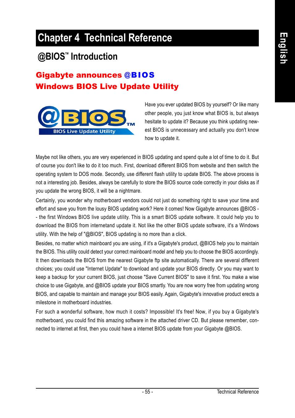 Chapter 4 technical reference, English @bios, Introduction | GIGABYTE GA-K8NS ULTRA-939 User Manual | Page 55 / 96