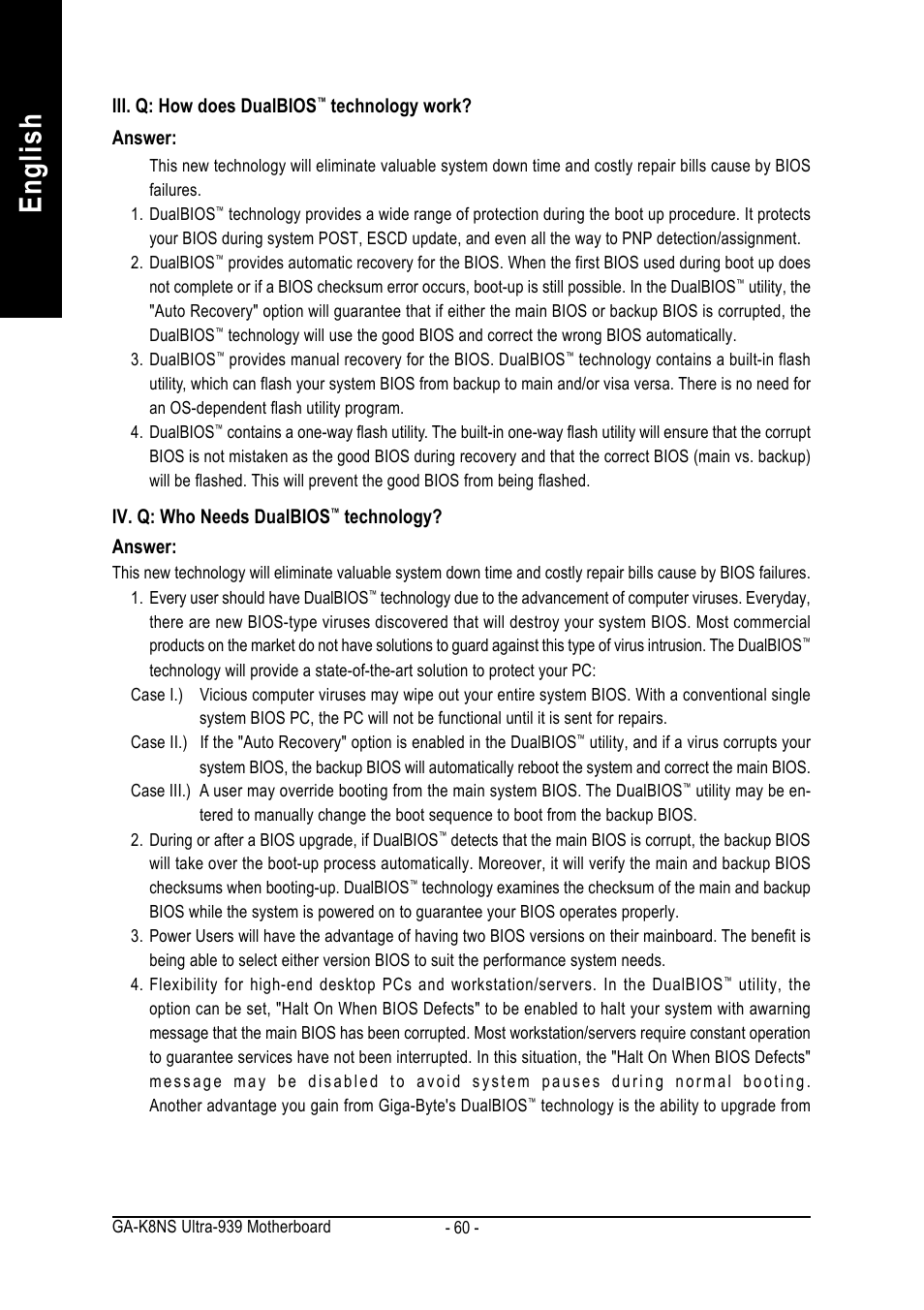 English, Iii. q: how does dualbios, Technology work? answer | Iv. q: who needs dualbios, Technology? answer | GIGABYTE GA-K8NS ULTRA-939 User Manual | Page 60 / 96