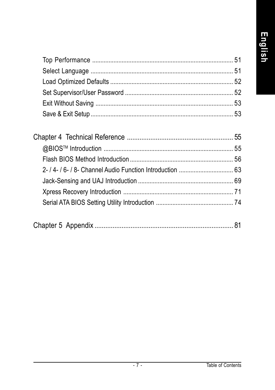 English, Chapter 4 technical reference, Chapter 5 appendix | GIGABYTE GA-K8NS ULTRA-939 User Manual | Page 7 / 96