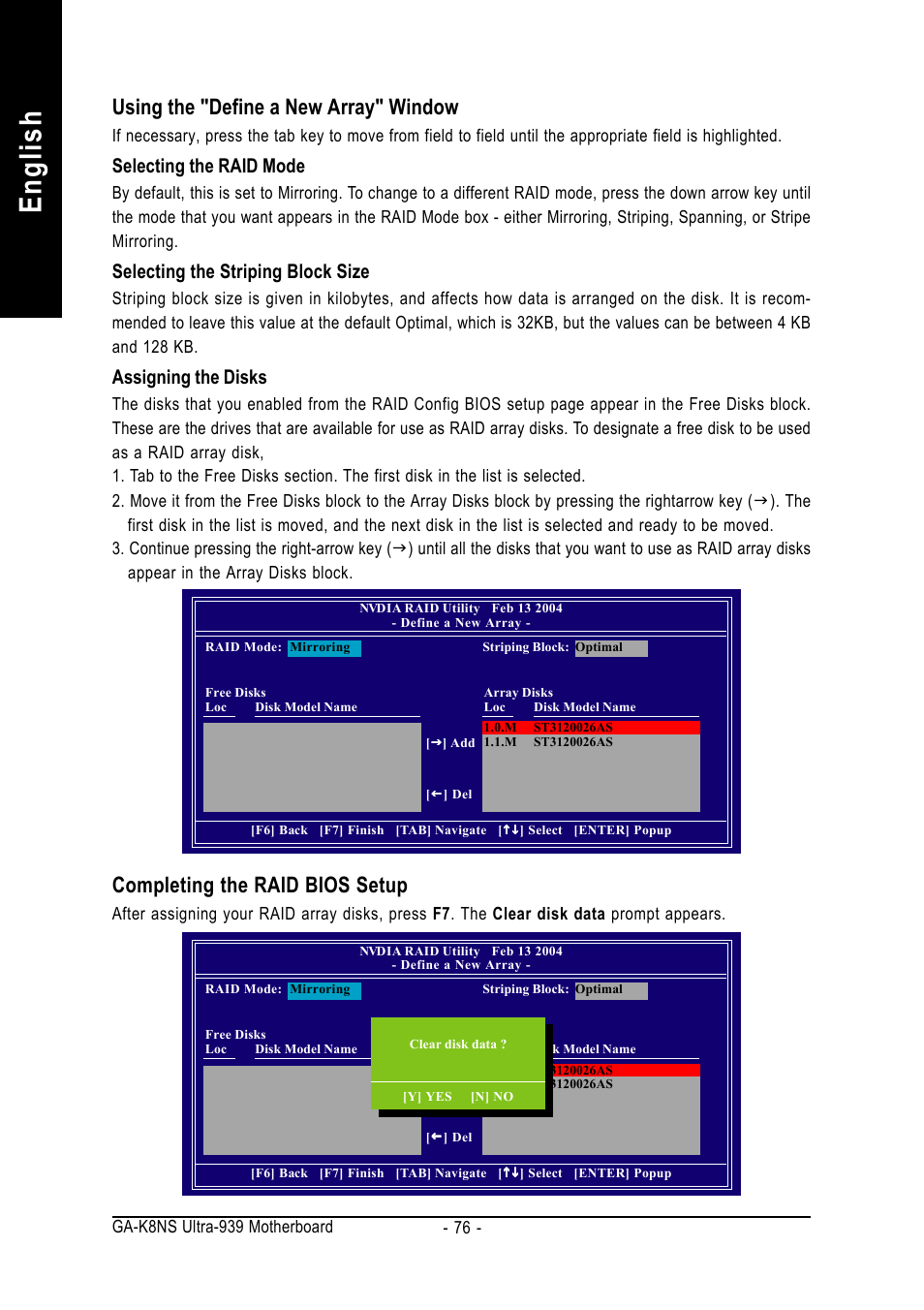 English, Using the "define a new array" window, Completing the raid bios setup | Selecting the raid mode, Selecting the striping block size, Assigning the disks | GIGABYTE GA-K8NS ULTRA-939 User Manual | Page 76 / 96