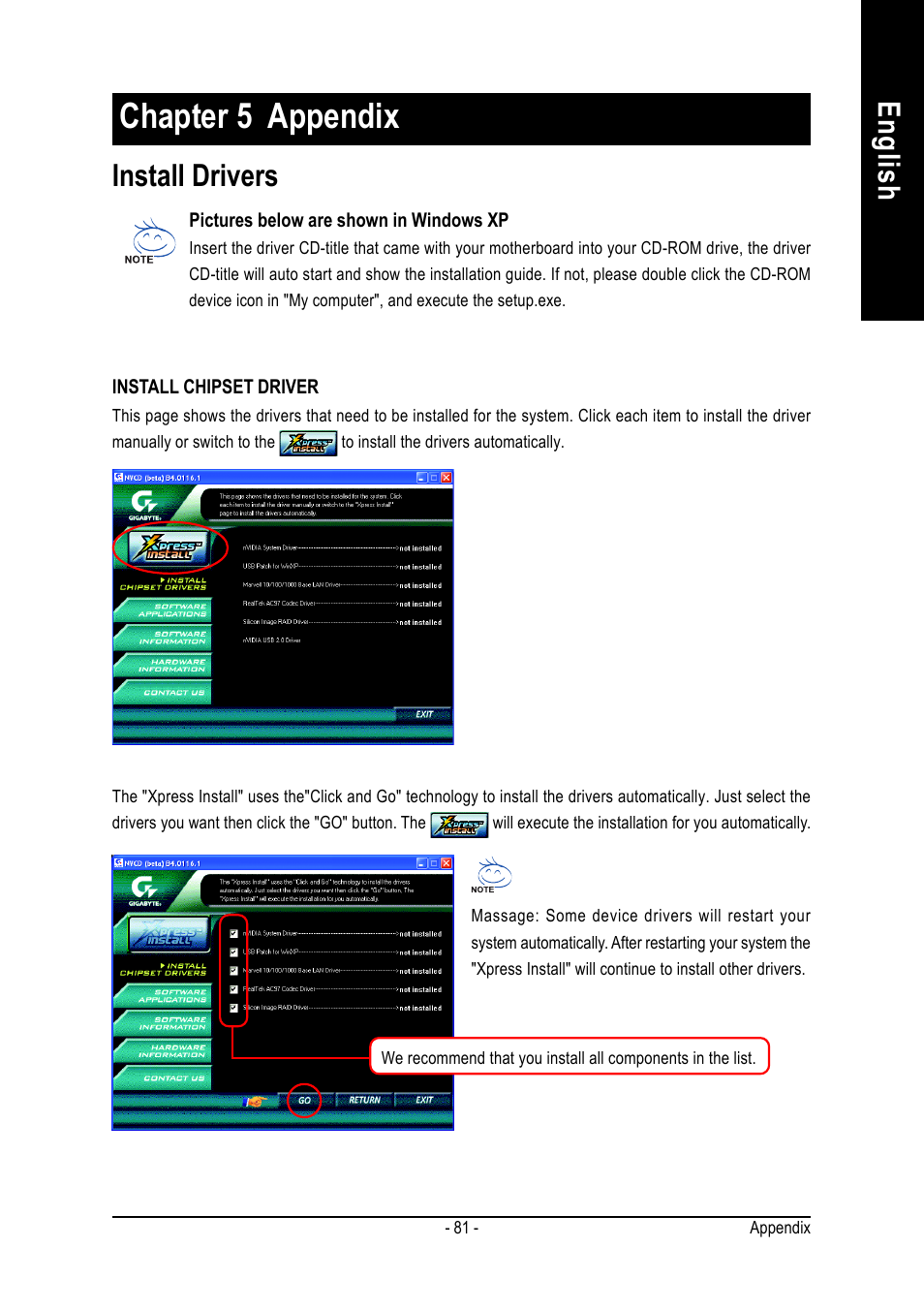 Chapter 5 appendix, English revision history, Install drivers | GIGABYTE GA-K8NS ULTRA-939 User Manual | Page 81 / 96