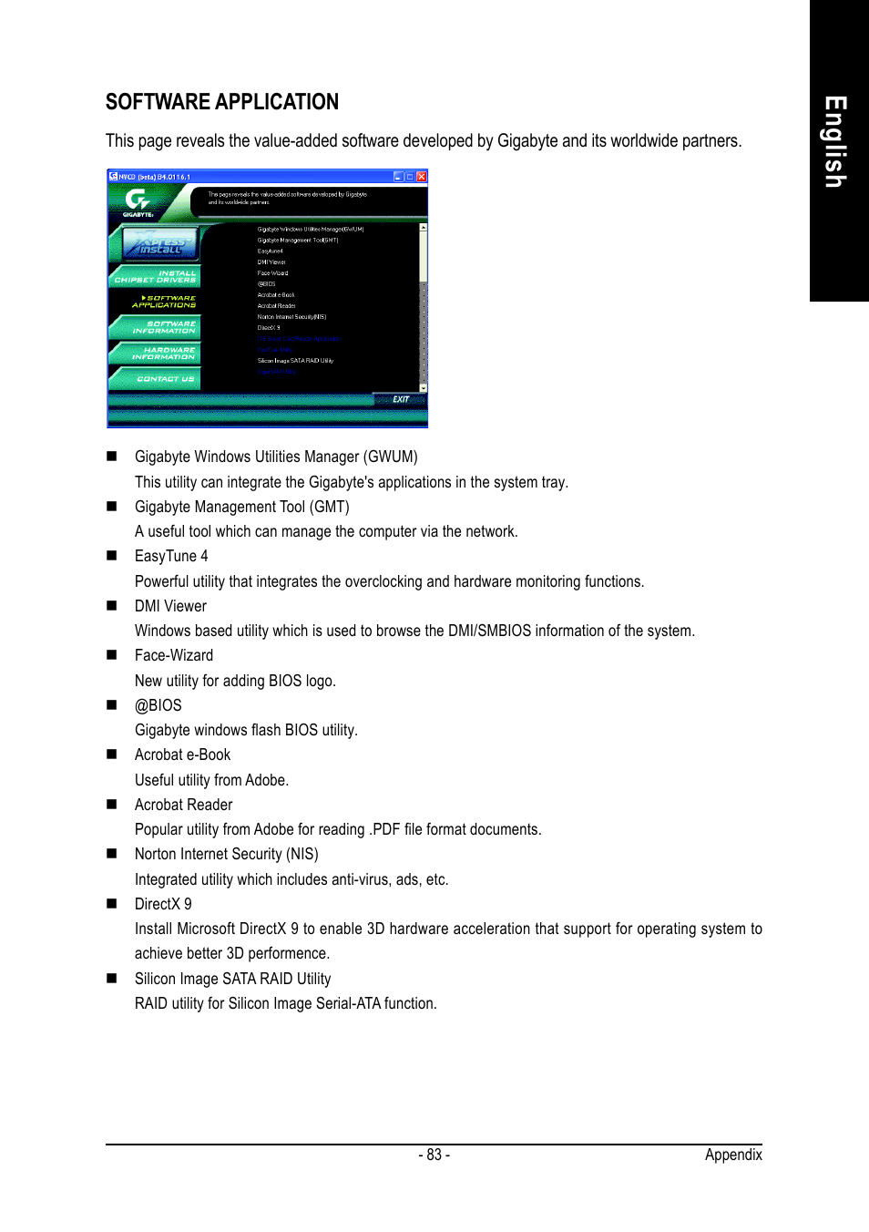 English, Software application | GIGABYTE GA-K8NS ULTRA-939 User Manual | Page 83 / 96