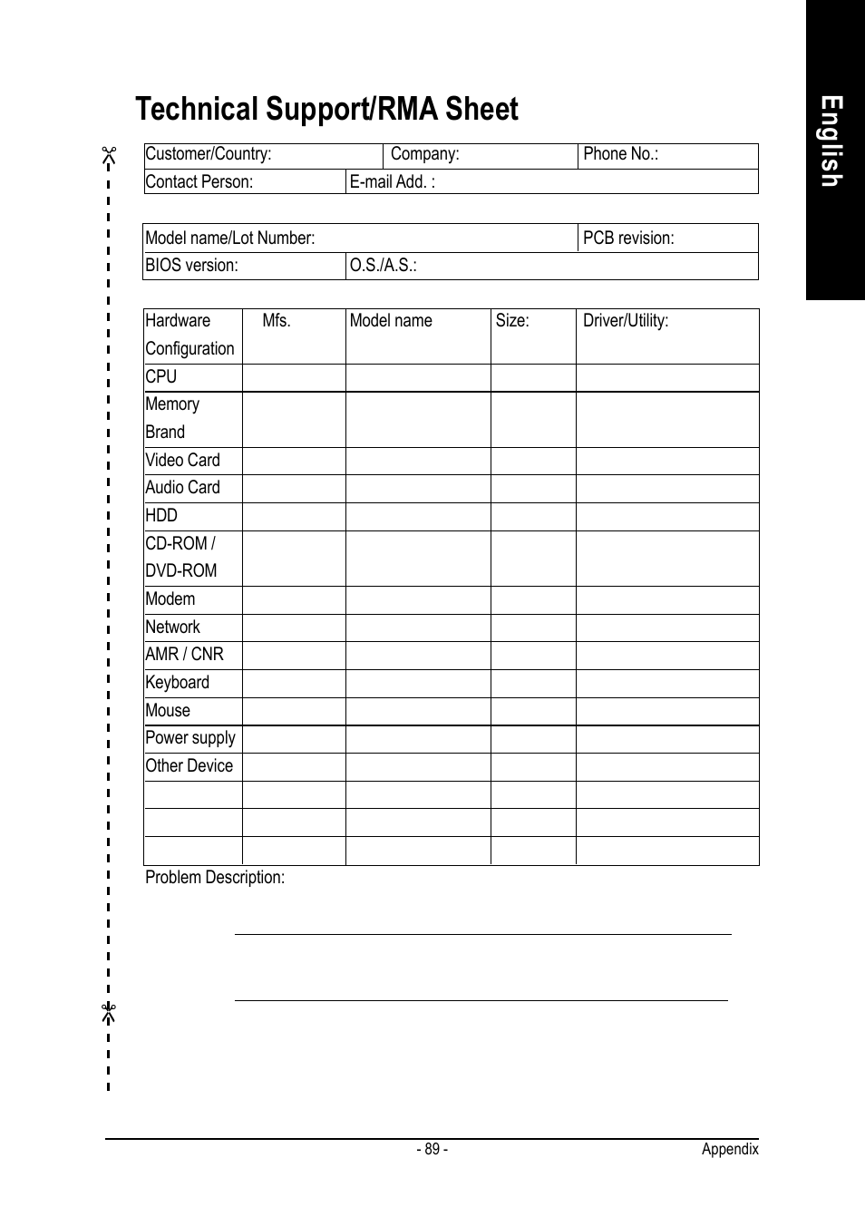 Technical support/rma sheet, English | GIGABYTE GA-K8NS ULTRA-939 User Manual | Page 89 / 96