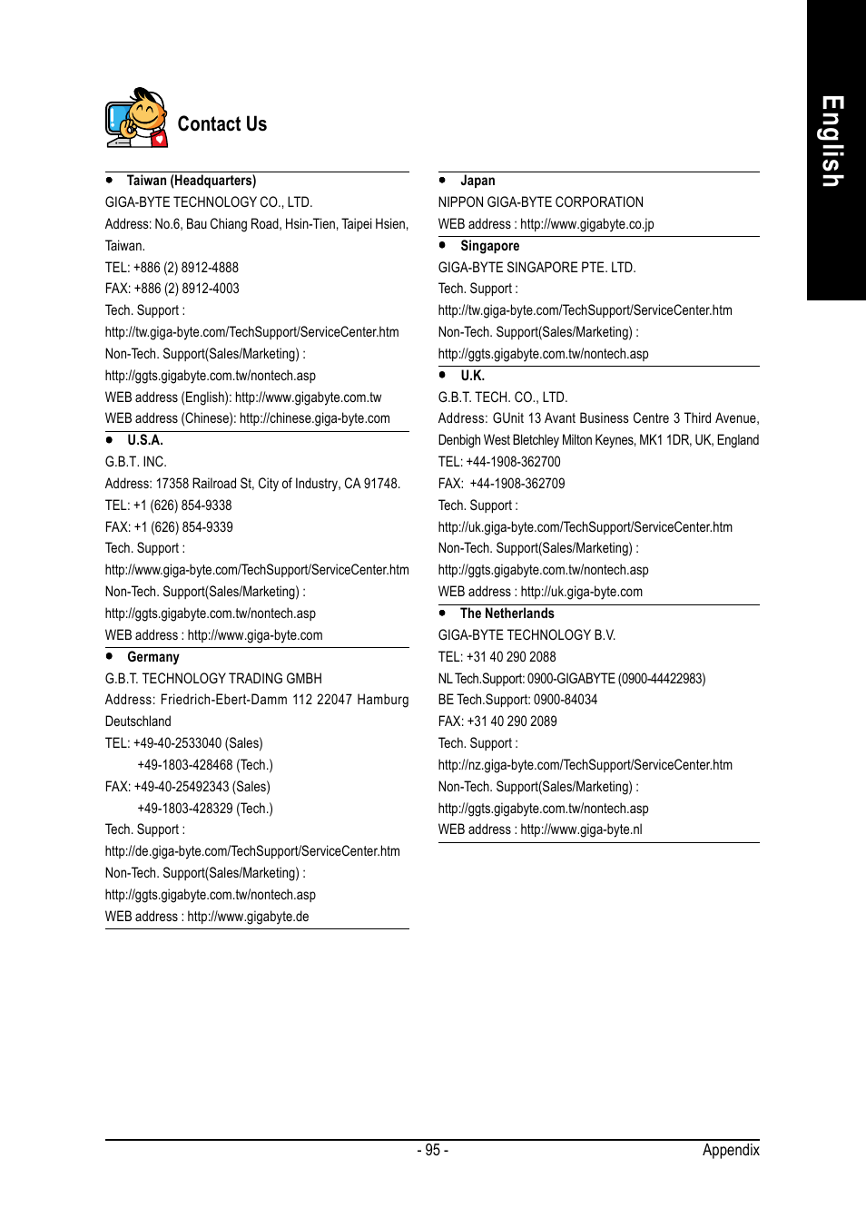 English, Contact us | GIGABYTE GA-K8NS ULTRA-939 User Manual | Page 95 / 96