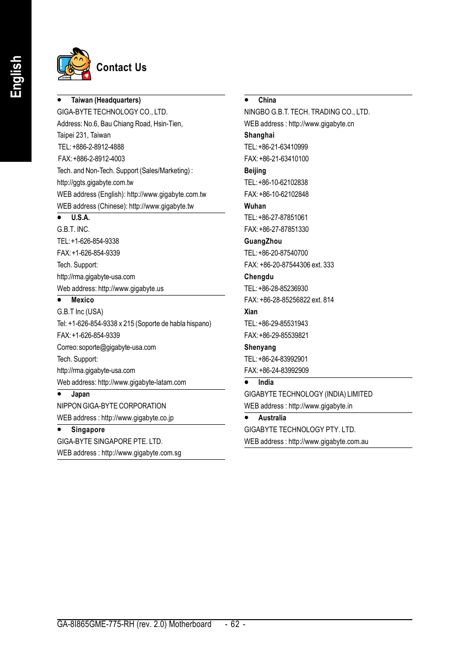 En glish, Contact us | GIGABYTE GA-8I865GME-775-RH User Manual | Page 62 / 64