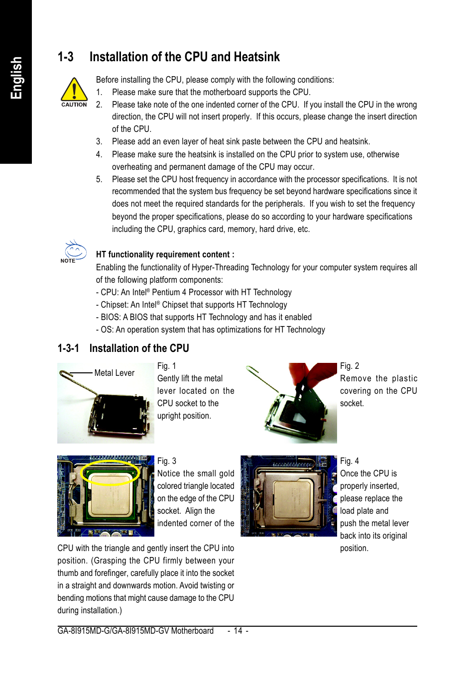 English, 3 installation of the cpu and heatsink | GIGABYTE GA-8I915MD-GV User Manual | Page 14 / 80