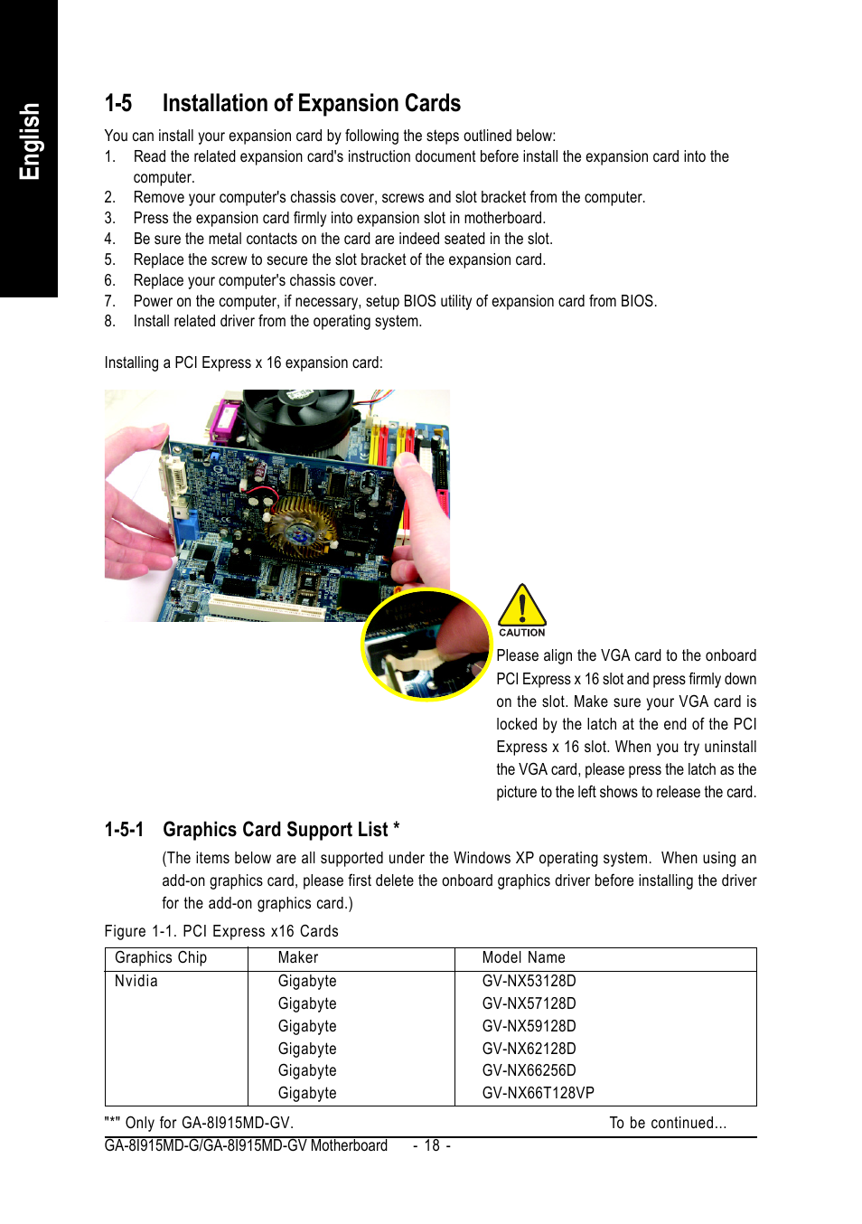 English, 5 installation of expansion cards | GIGABYTE GA-8I915MD-GV User Manual | Page 18 / 80