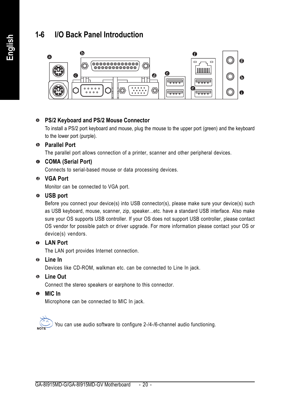English, 6 i/o back panel introduction | GIGABYTE GA-8I915MD-GV User Manual | Page 20 / 80