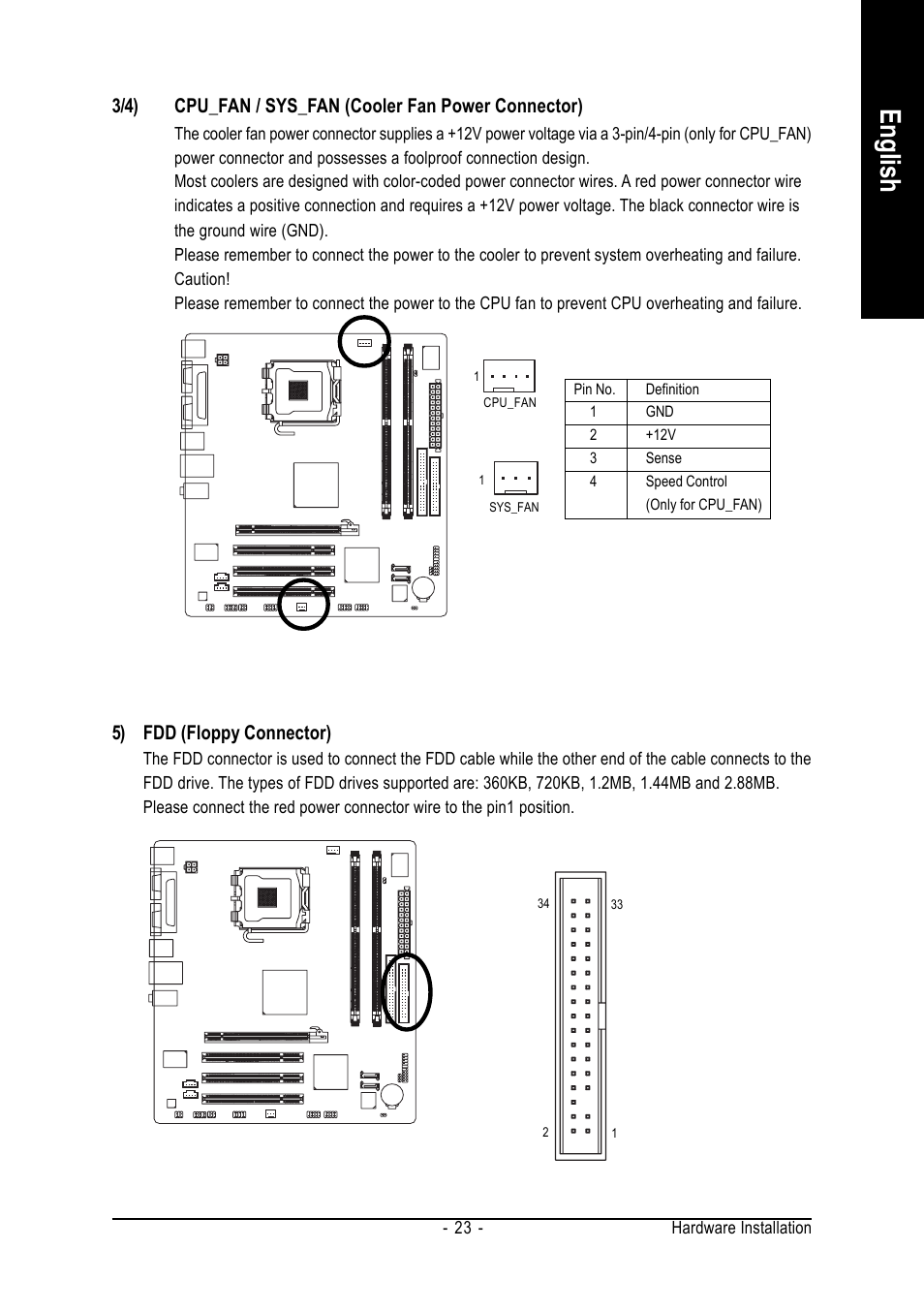 English, 5) fdd (floppy connector) | GIGABYTE GA-8I915MD-GV User Manual | Page 23 / 80