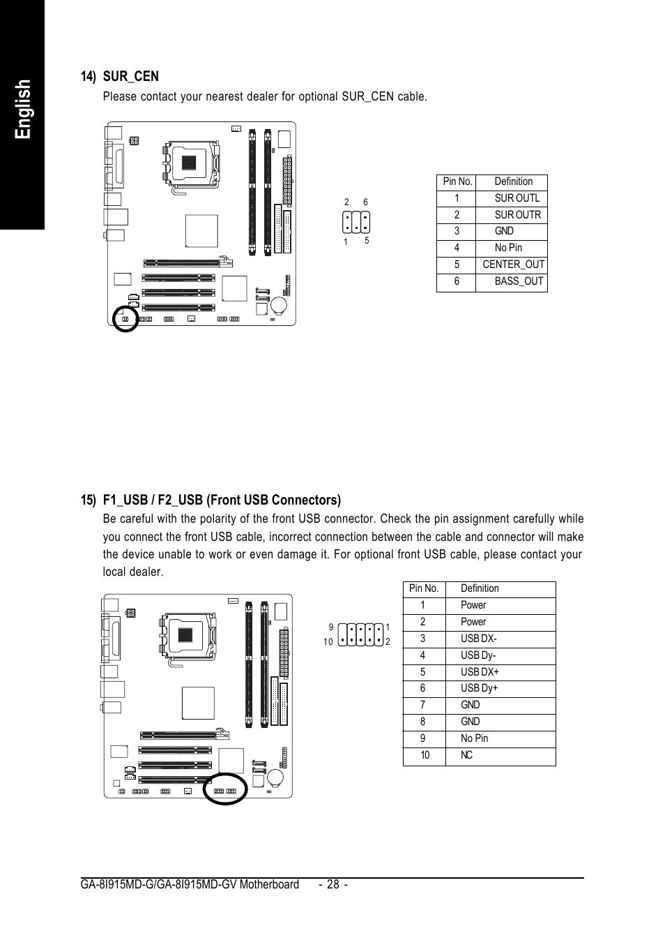 English, 14) sur_cen, 15) f1_usb / f2_usb (front usb connectors) | GIGABYTE GA-8I915MD-GV User Manual | Page 28 / 80