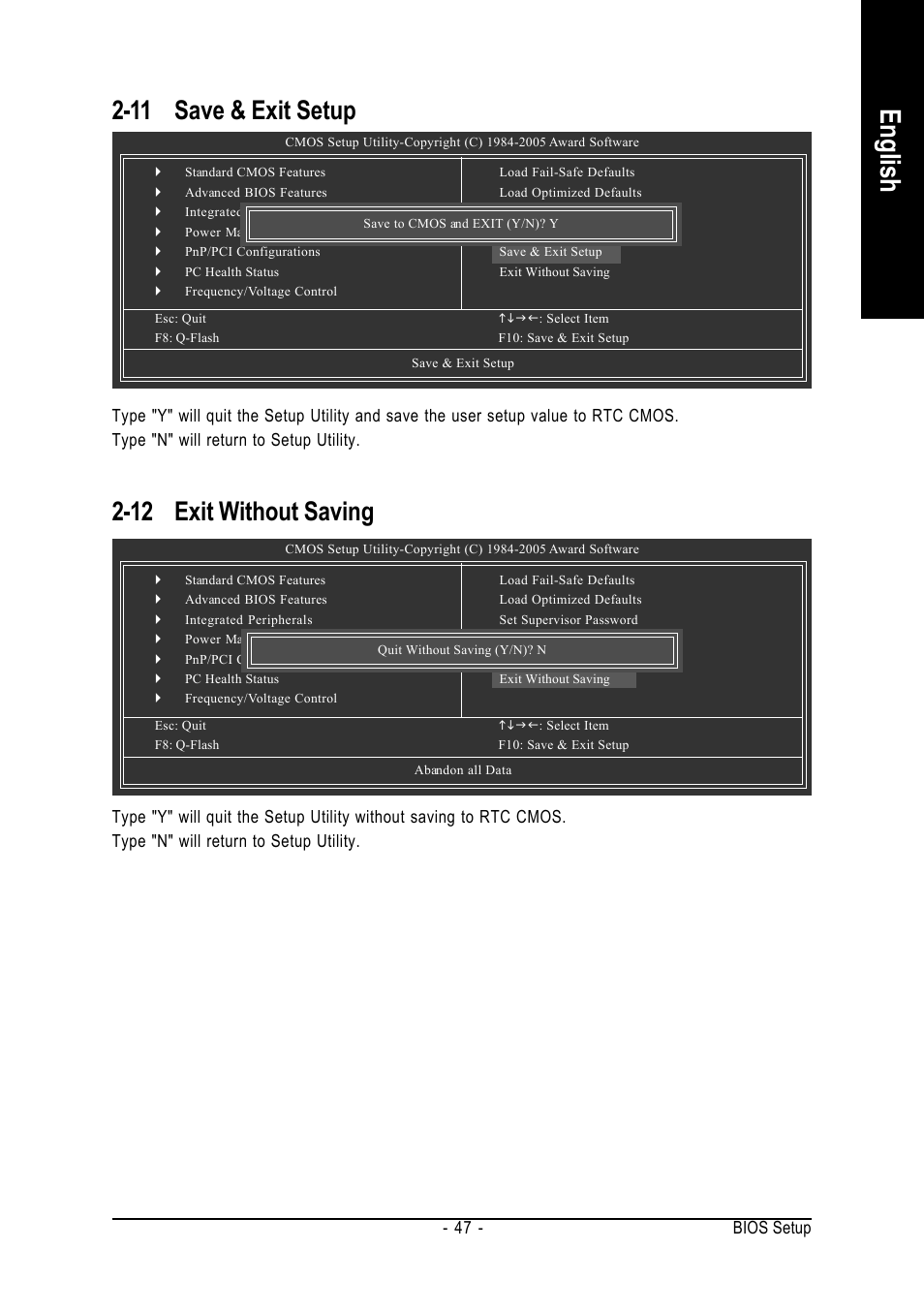 English, 11 save & exit setup, 12 exit without saving | Bios setup - 47 | GIGABYTE GA-8I915MD-GV User Manual | Page 47 / 80
