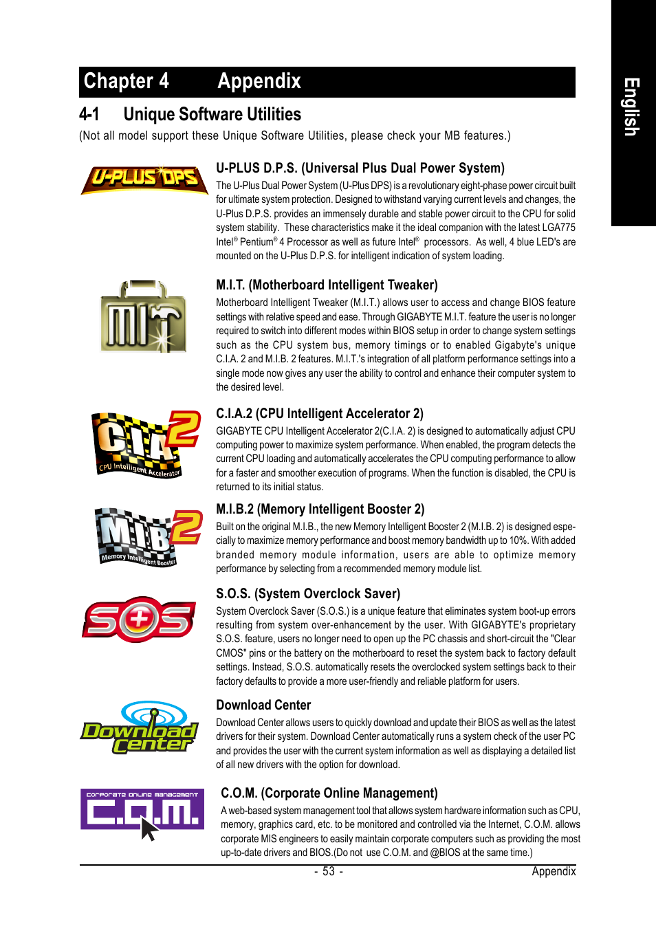 Chapter 4 appendix, English, 1 unique software utilities | GIGABYTE GA-8I915MD-GV User Manual | Page 53 / 80