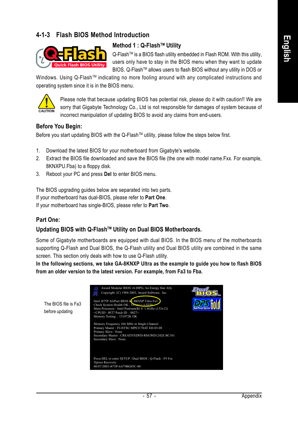 English, 1-3 flash bios method introduction, Method 1 : q-flash | Utility, Before you begin, Part one: updating bios with q-flash, Utility on dual bios motherboards | GIGABYTE GA-8I915MD-GV User Manual | Page 57 / 80