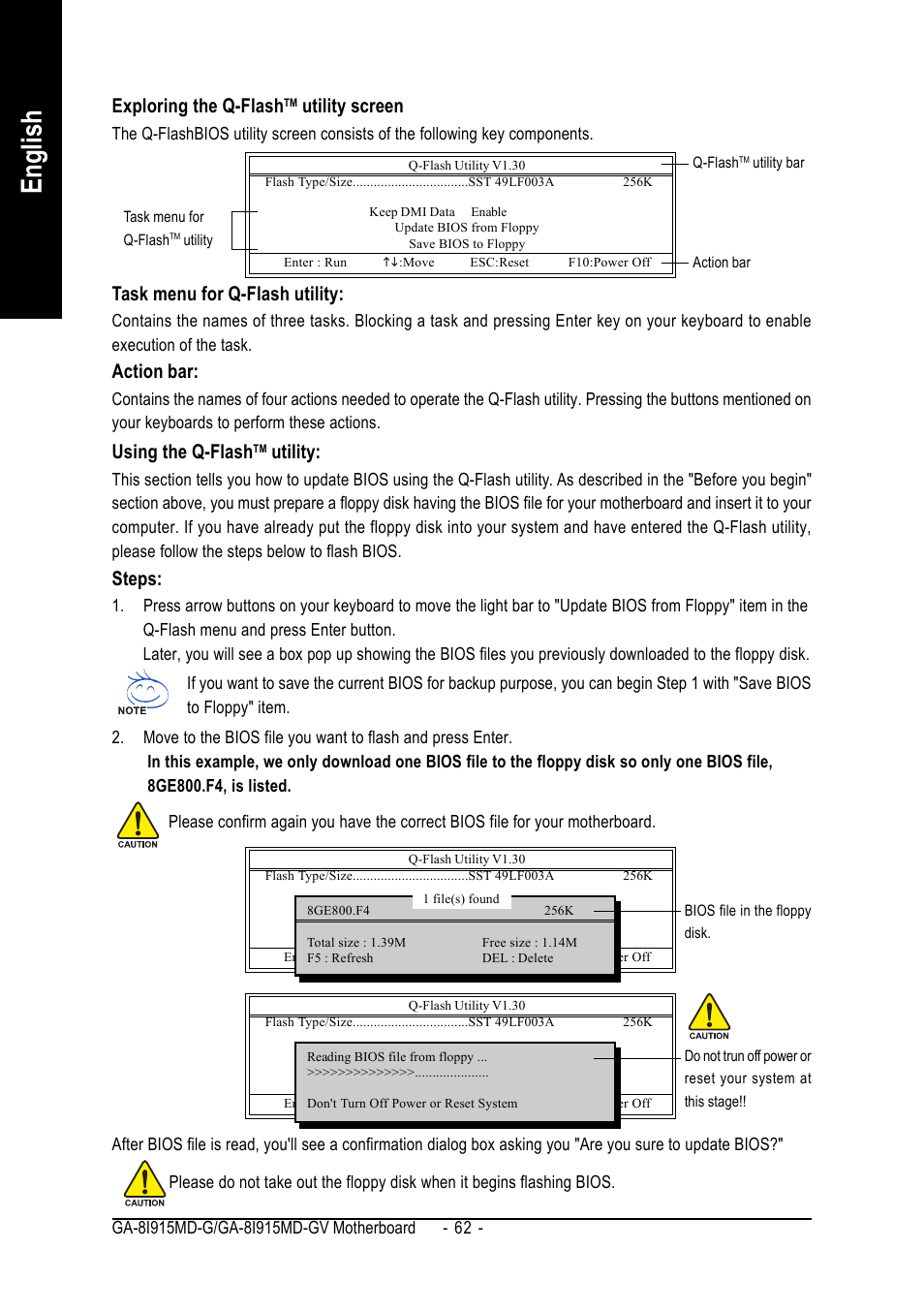 English, Exploring the q-flash, Utility screen | Task menu for q-flash utility, Action bar, Using the q-flash, Utility, Steps | GIGABYTE GA-8I915MD-GV User Manual | Page 62 / 80
