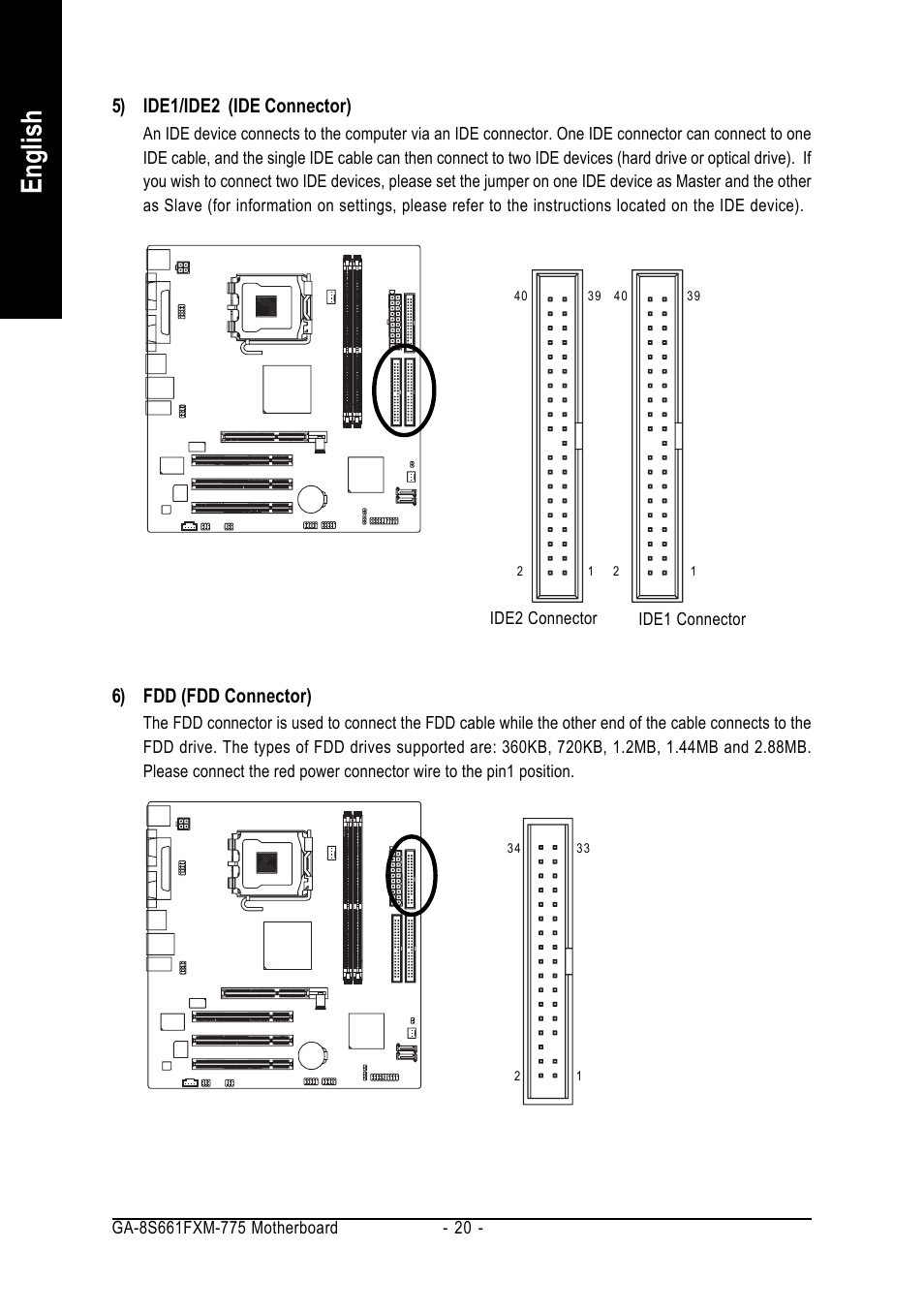 English, 5) ide1/ide2 (ide connector), 6) fdd (fdd connector) | GIGABYTE GA-8S661FXM-775 User Manual | Page 20 / 88