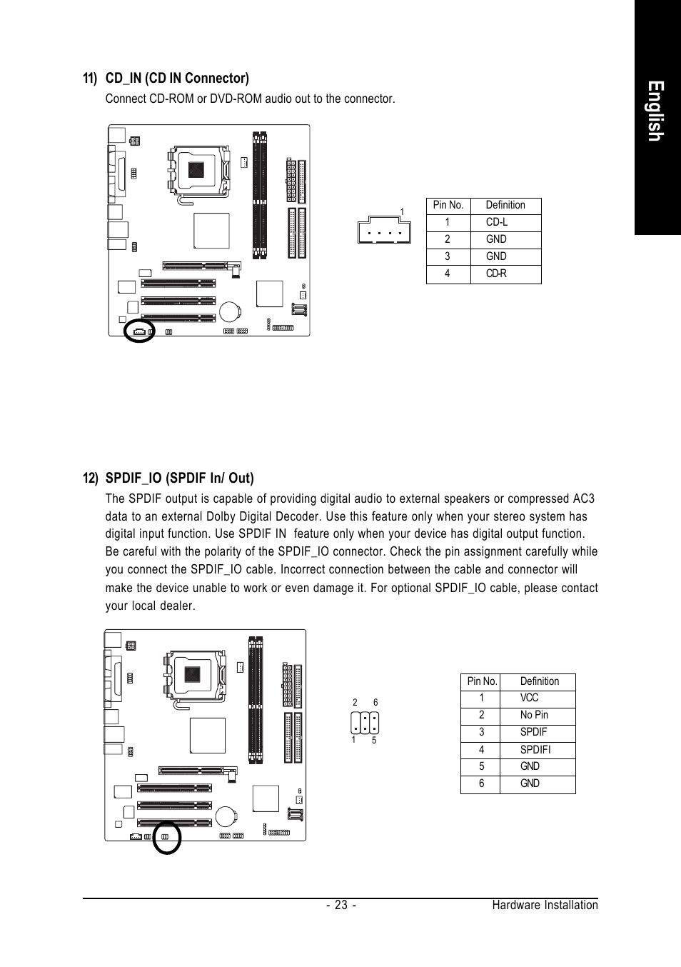 English, 11) cd_in (cd in connector), 12) spdif_io (spdif in/ out) | GIGABYTE GA-8S661FXM-775 User Manual | Page 23 / 88