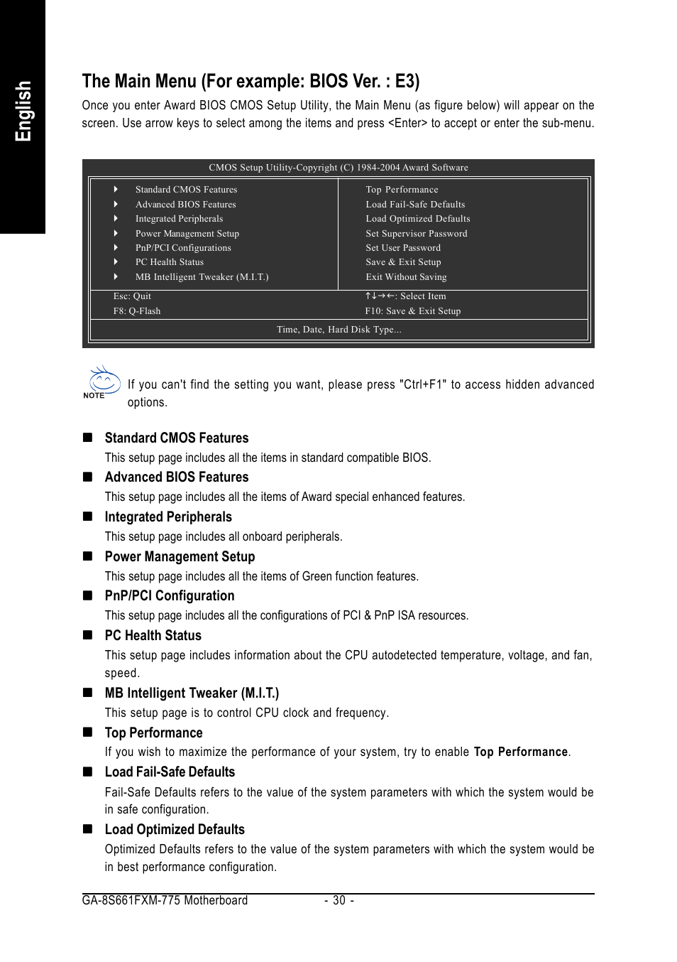 English, The main menu (for example: bios ver. : e3) | GIGABYTE GA-8S661FXM-775 User Manual | Page 30 / 88