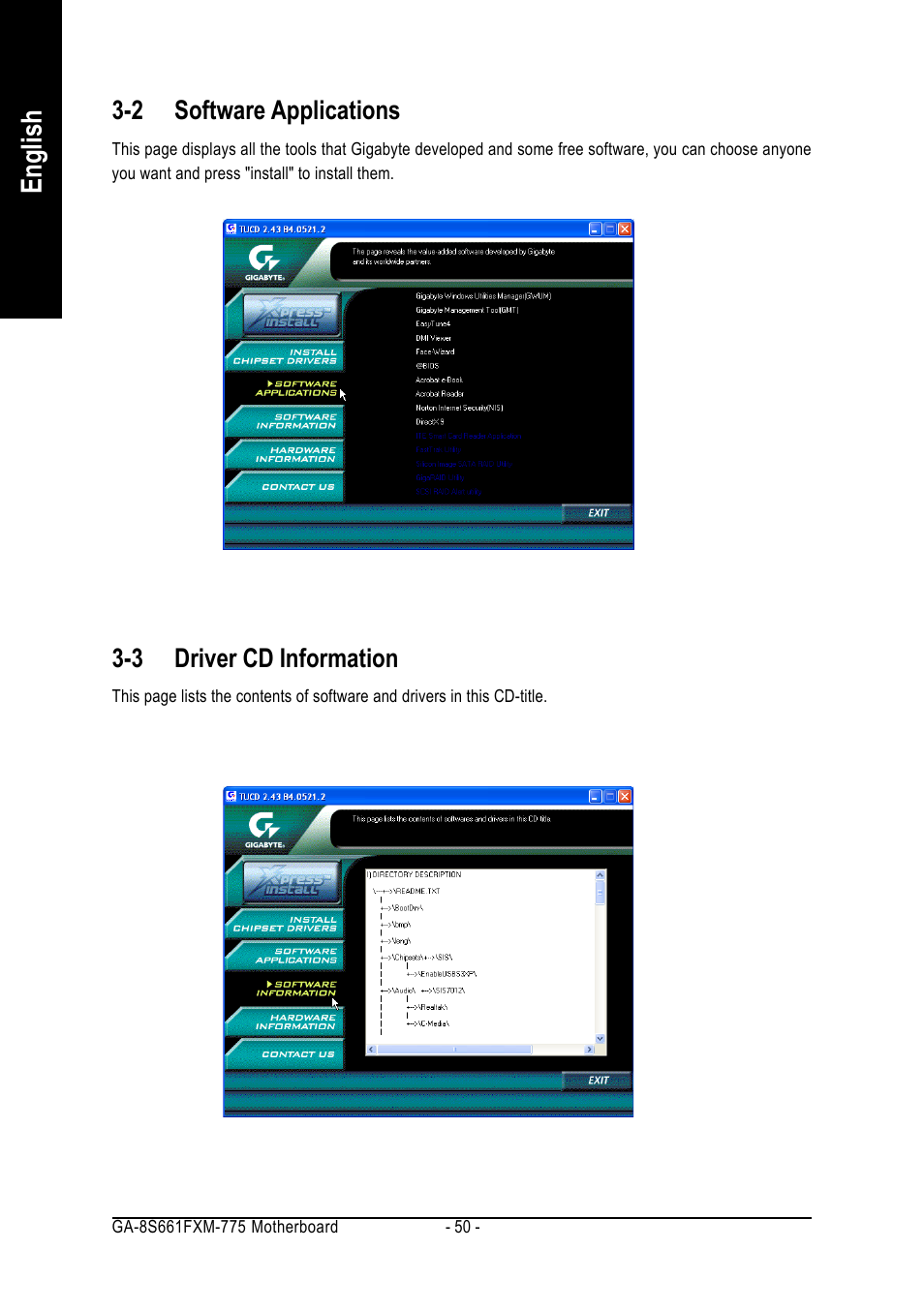 English, 2 software applications, 3 driver cd information | GIGABYTE GA-8S661FXM-775 User Manual | Page 50 / 88