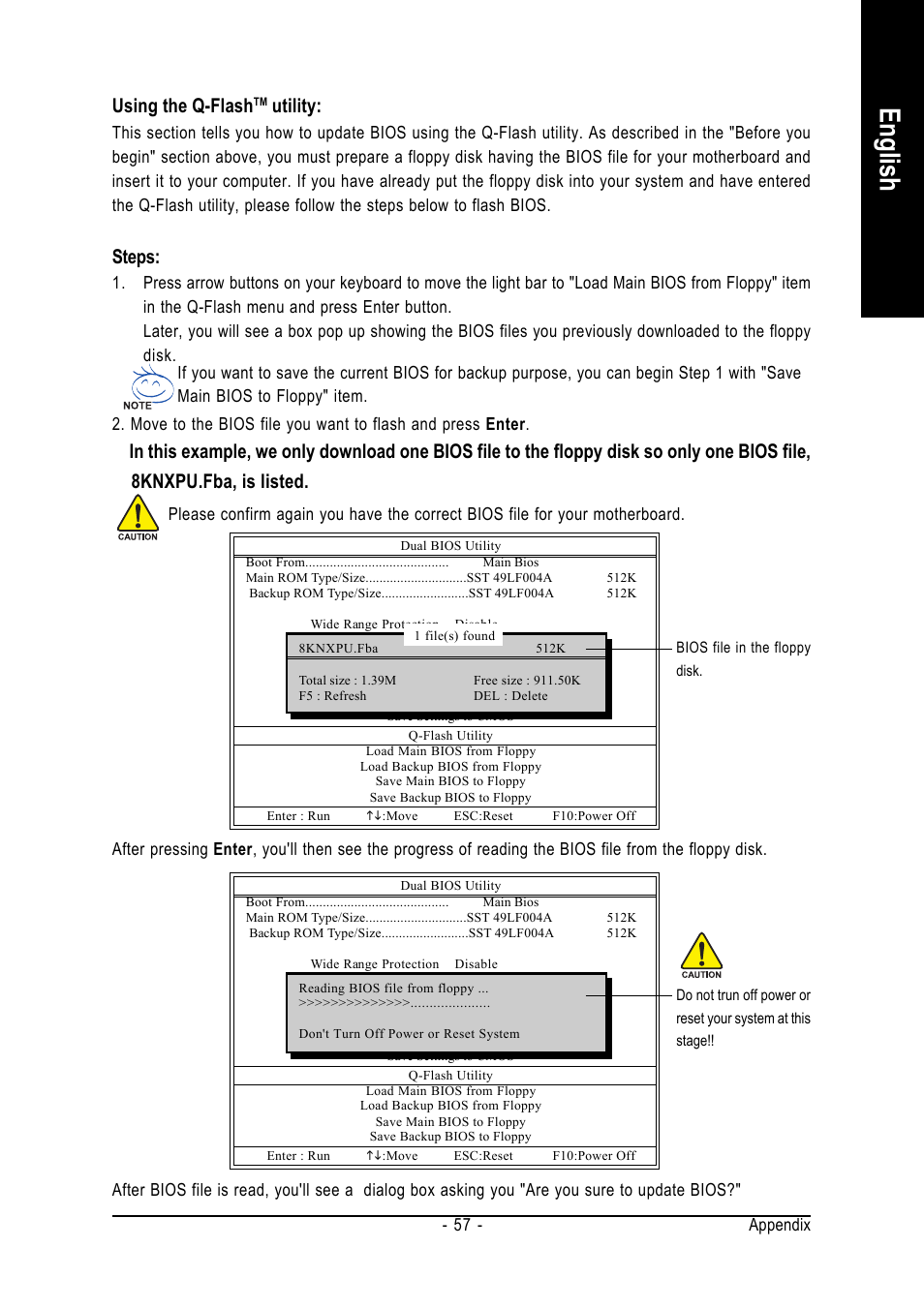 English, Using the q-flash, Utility | Steps, Appendix - 57 | GIGABYTE GA-8S661FXM-775 User Manual | Page 57 / 88