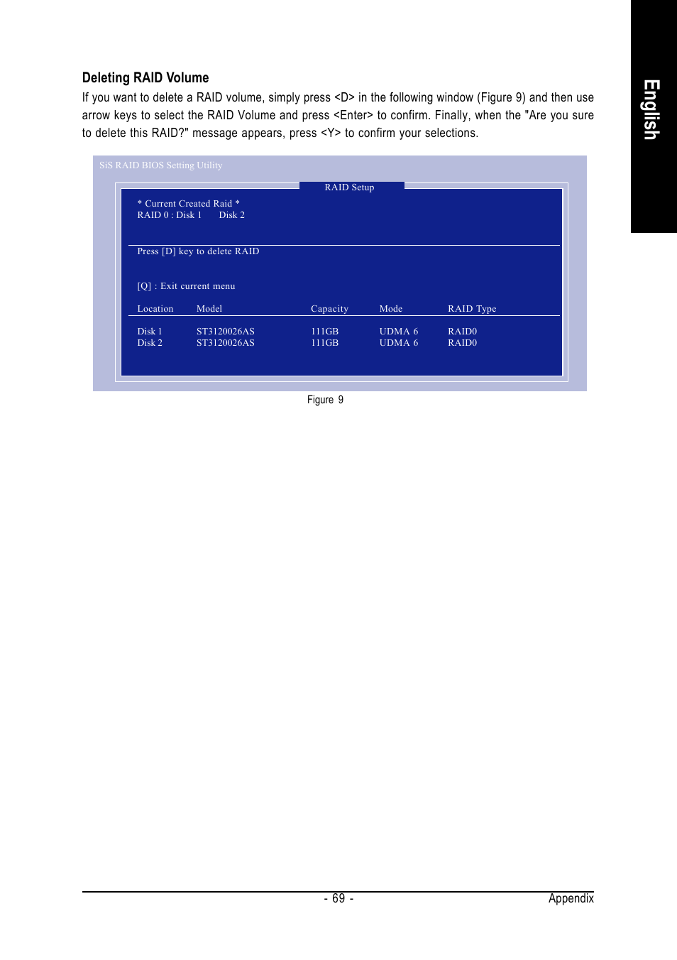 English, Deleting raid volume, Appendix - 69 | GIGABYTE GA-8S661FXM-775 User Manual | Page 69 / 88