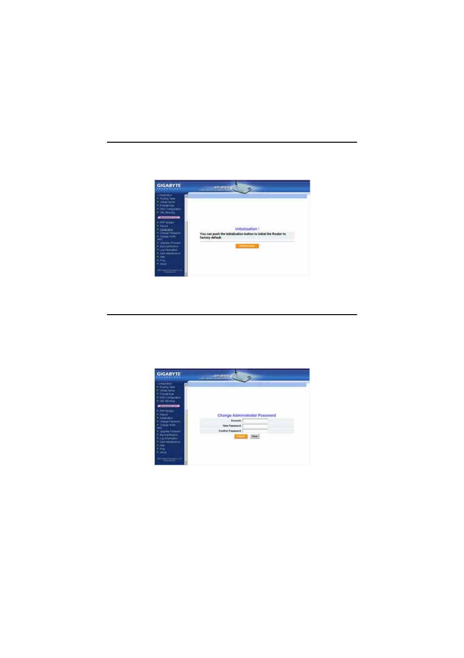 Initialization, Change password, The initialization screen | The change password screen | GIGABYTE GN-B41G User Manual | Page 72 / 84