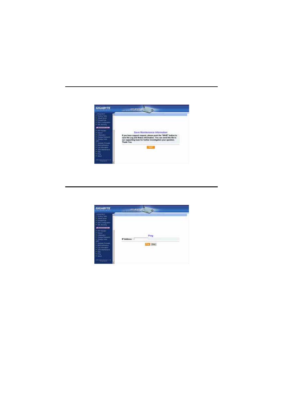 Save maintenance, Ping, The save maintenance screen | The ping screen | GIGABYTE GN-B41G User Manual | Page 76 / 84
