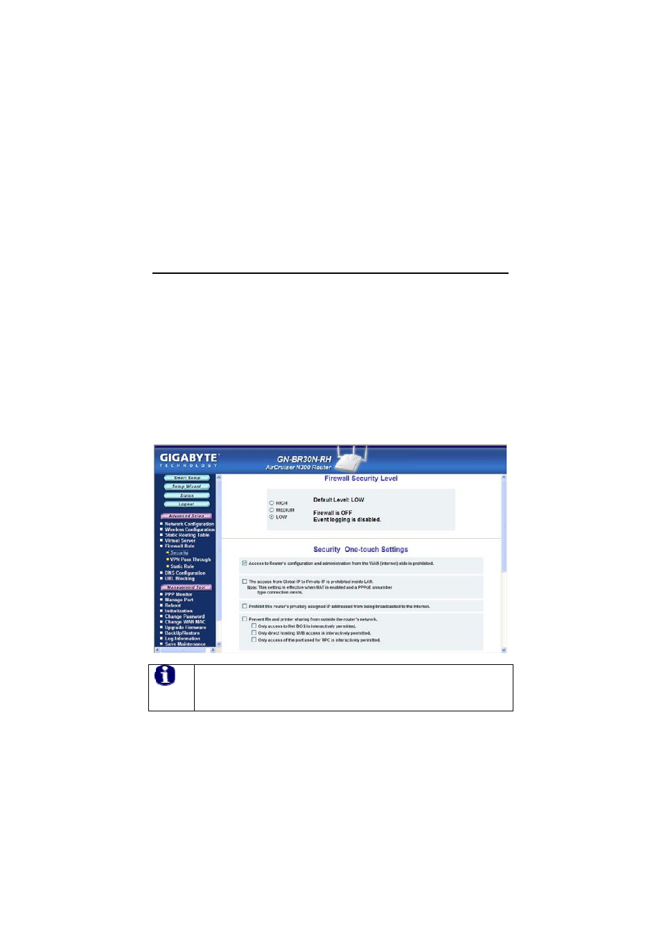 The firewall rule screen | GIGABYTE AirCruiser GN-BR30N-RH User Manual | Page 42 / 85