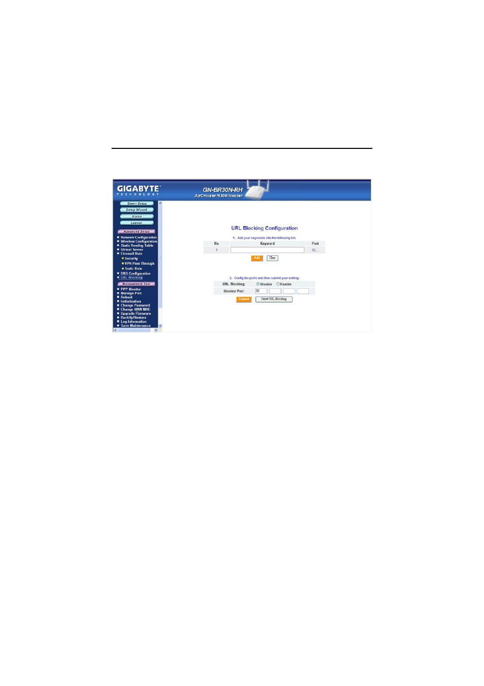 The url blocking configuration screen | GIGABYTE AirCruiser GN-BR30N-RH User Manual | Page 47 / 85