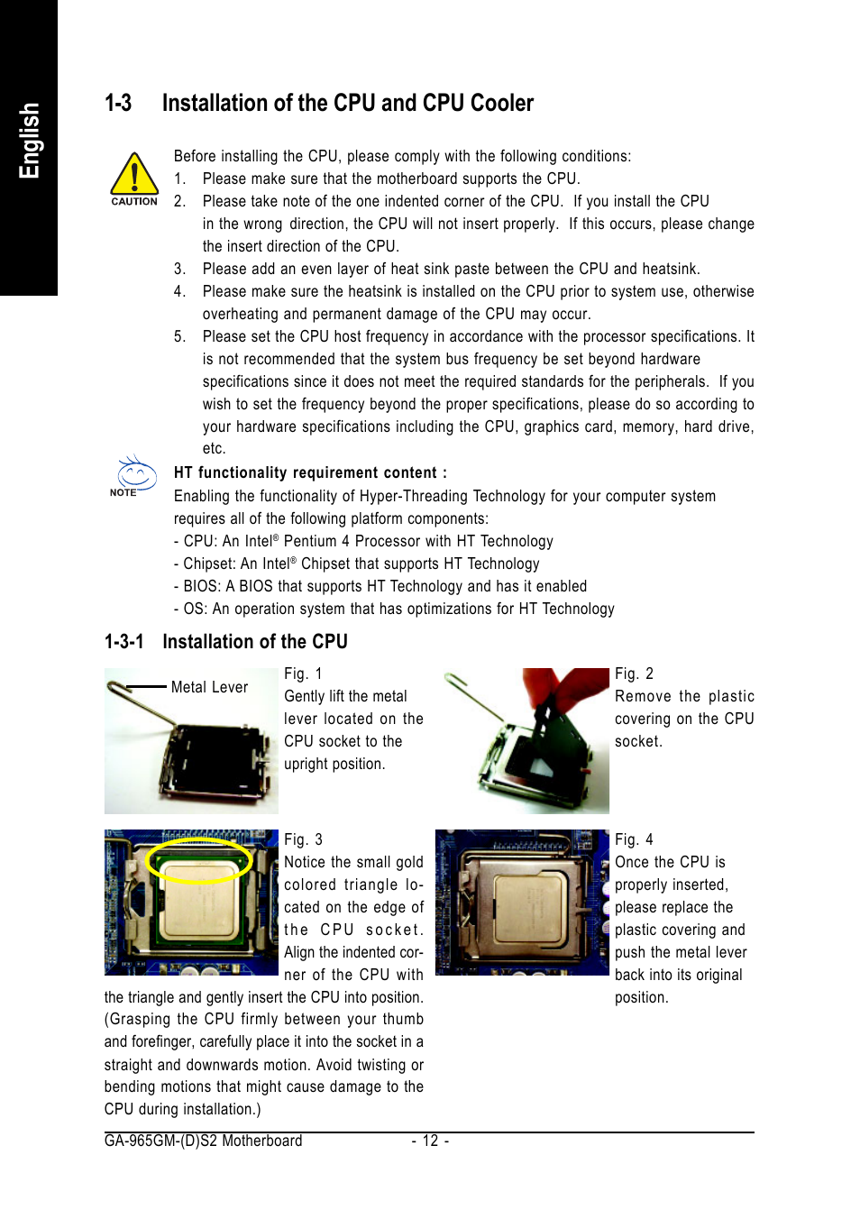 English, 3 installation of the cpu and cpu cooler | GIGABYTE GA-965GM-DS2 User Manual | Page 12 / 88