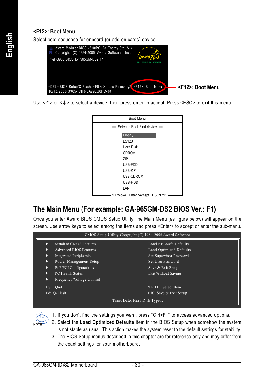 English, F12>: boot menu | GIGABYTE GA-965GM-DS2 User Manual | Page 30 / 88