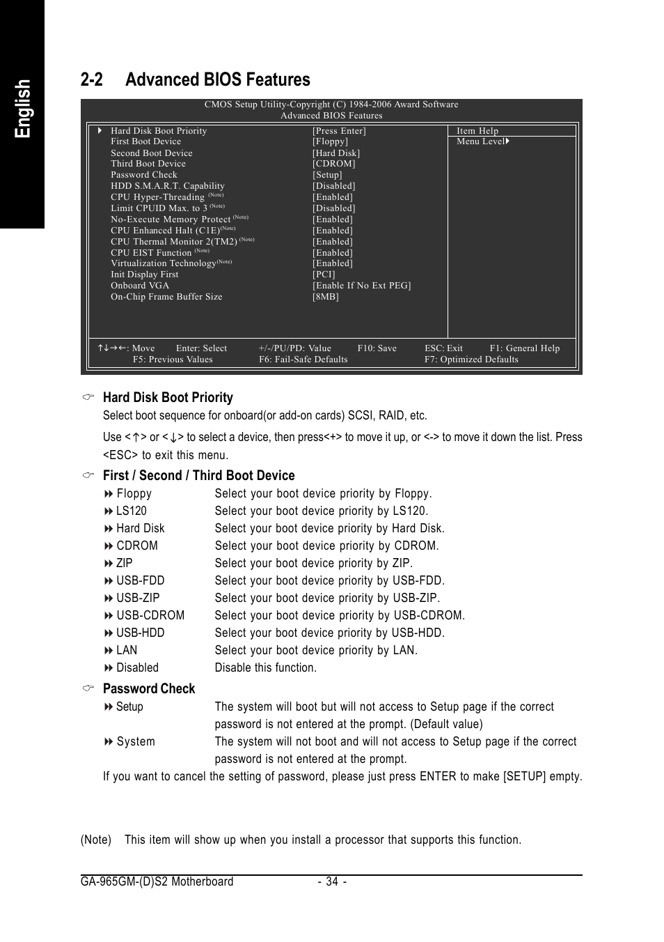 English, 2 advanced bios features, Hard disk boot priority | First / second / third boot device, Password check | GIGABYTE GA-965GM-DS2 User Manual | Page 34 / 88