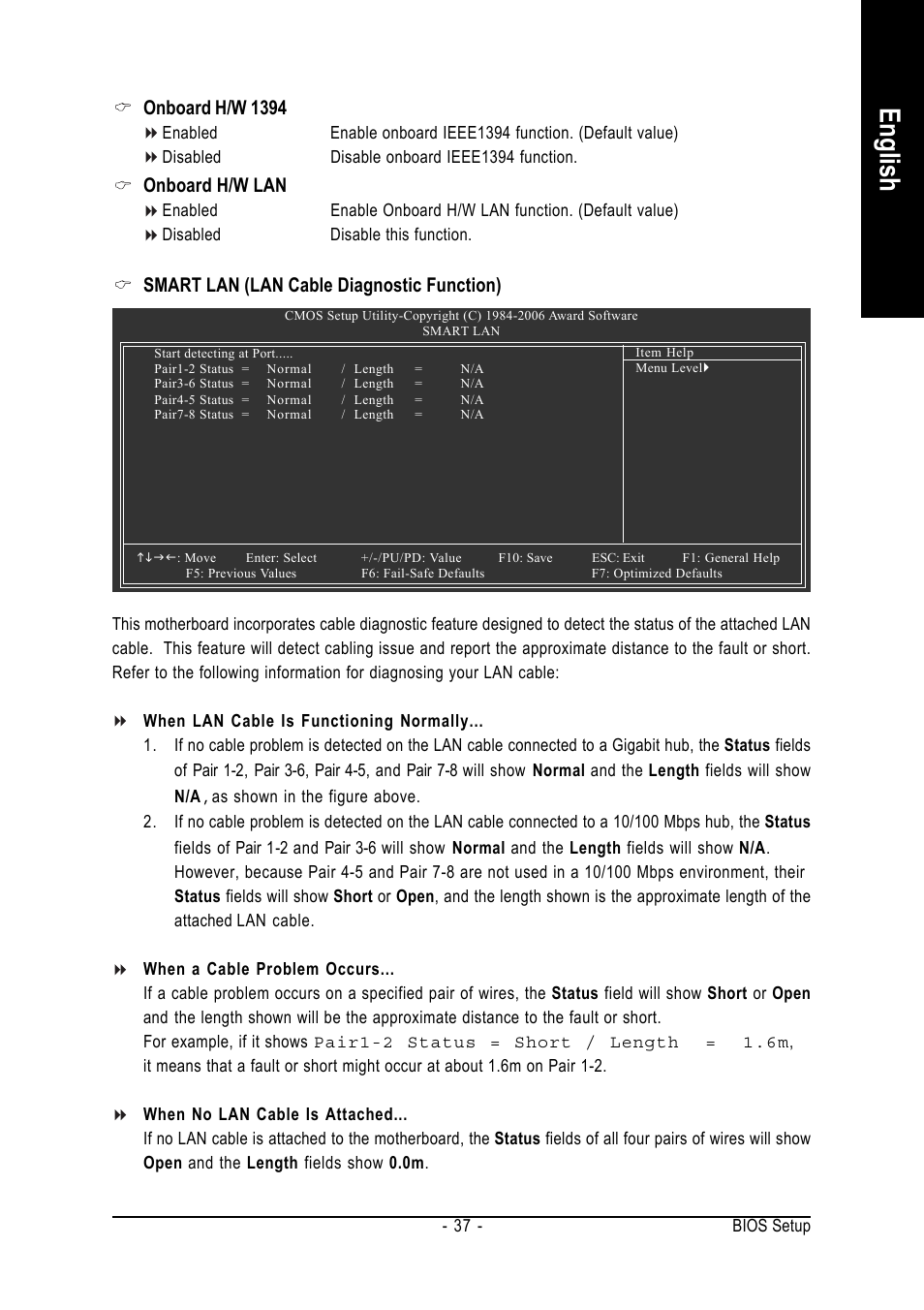 English, Smart lan (lan cable diagnostic function), Onboard h/w 1394 | Onboard h/w lan | GIGABYTE GA-965GM-DS2 User Manual | Page 37 / 88