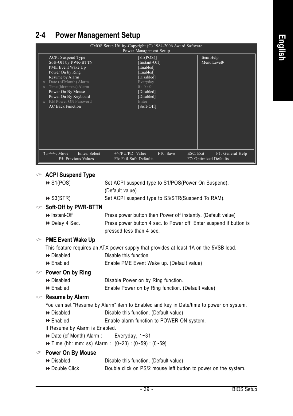 English, 4 power management setup, Acpi suspend type | Soft-off by pwr-bttn, Pme event wake up, Power on by ring, Resume by alarm, Power on by mouse | GIGABYTE GA-965GM-DS2 User Manual | Page 39 / 88