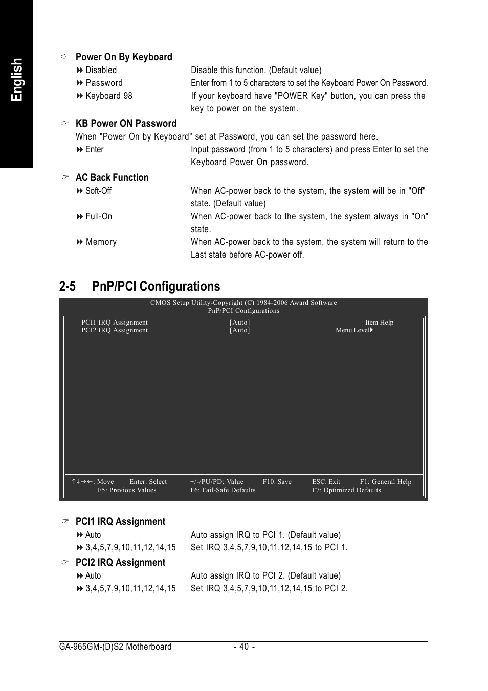 English, 5 pnp/pci configurations | GIGABYTE GA-965GM-DS2 User Manual | Page 40 / 88