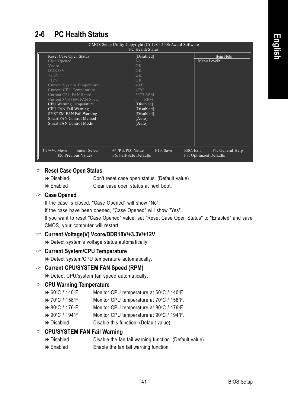 English, 6 pc health status, Reset case open status | Case opened, Current system/cpu temperature, Current cpu/system fan speed (rpm), Cpu warning temperature, Cpu/system fan fail warning | GIGABYTE GA-965GM-DS2 User Manual | Page 41 / 88