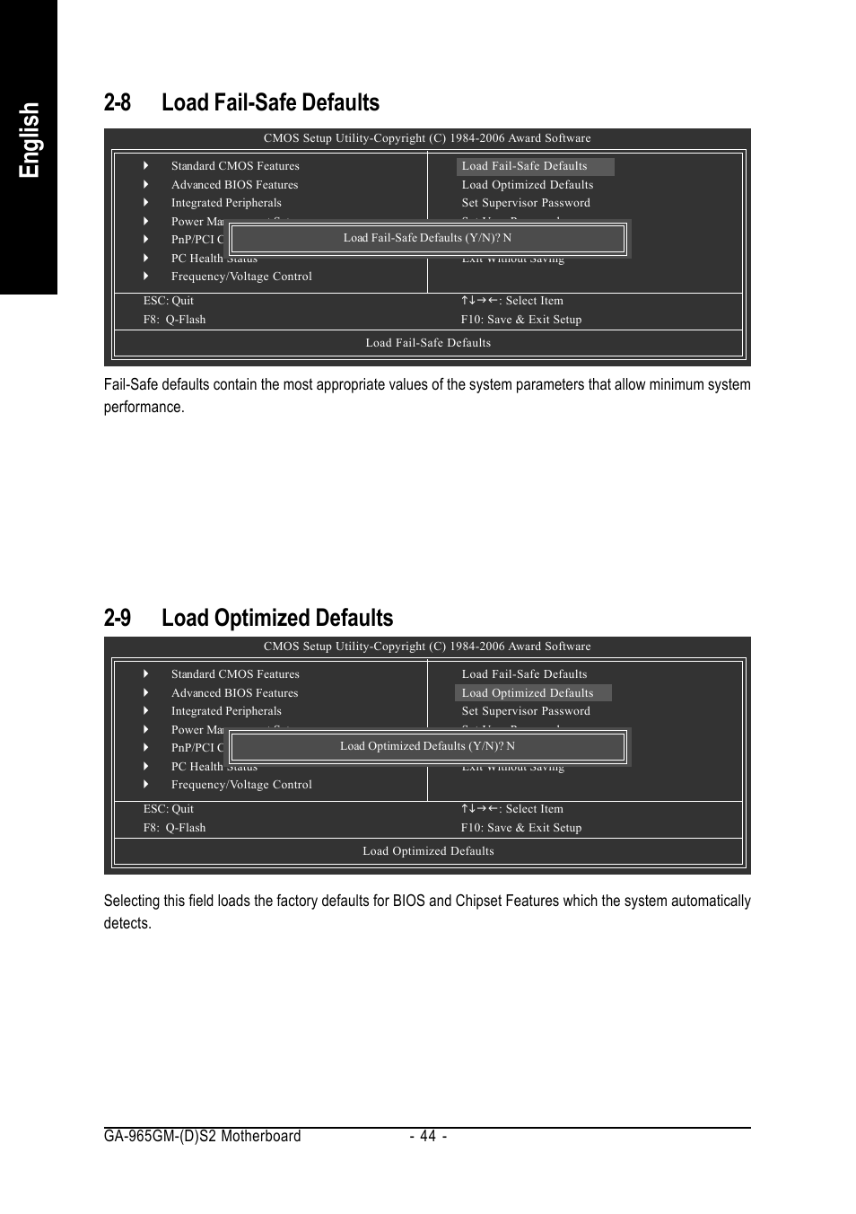 English, 8 load fail-safe defaults, 9 load optimized defaults | GIGABYTE GA-965GM-DS2 User Manual | Page 44 / 88