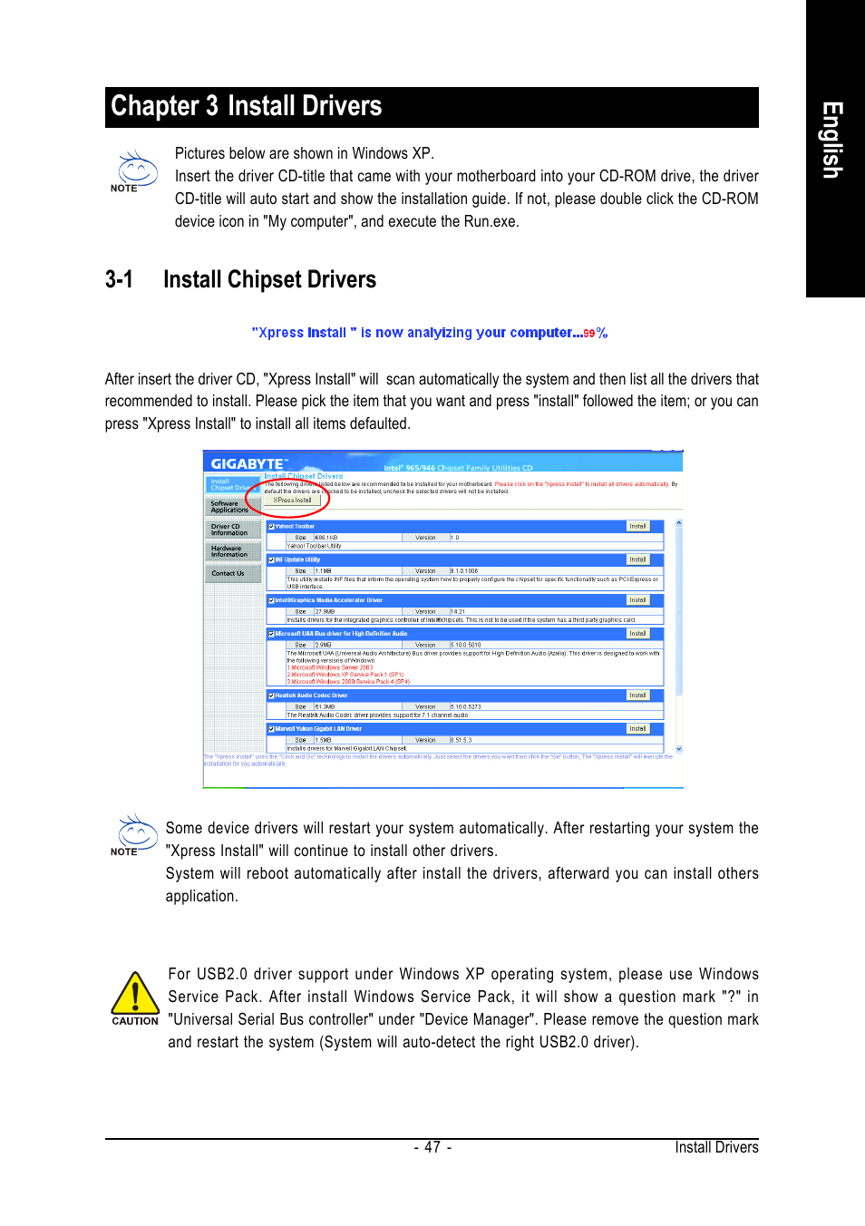 Chapter 3 install drivers, English, 1 install chipset drivers | GIGABYTE GA-965GM-DS2 User Manual | Page 47 / 88