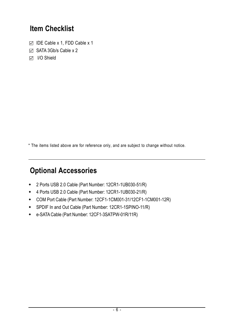 Item checklist, Optional accessories | GIGABYTE GA-965GM-DS2 User Manual | Page 6 / 88