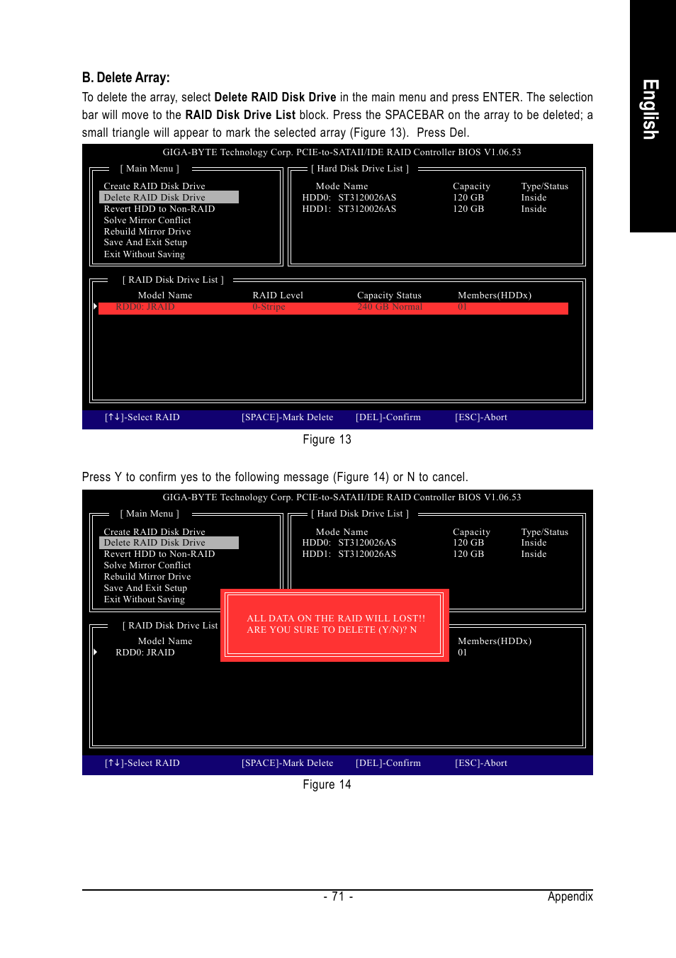 English, B. delete array, Appendix - 71 | Figure 13 figure 14 | GIGABYTE GA-965GM-DS2 User Manual | Page 71 / 88