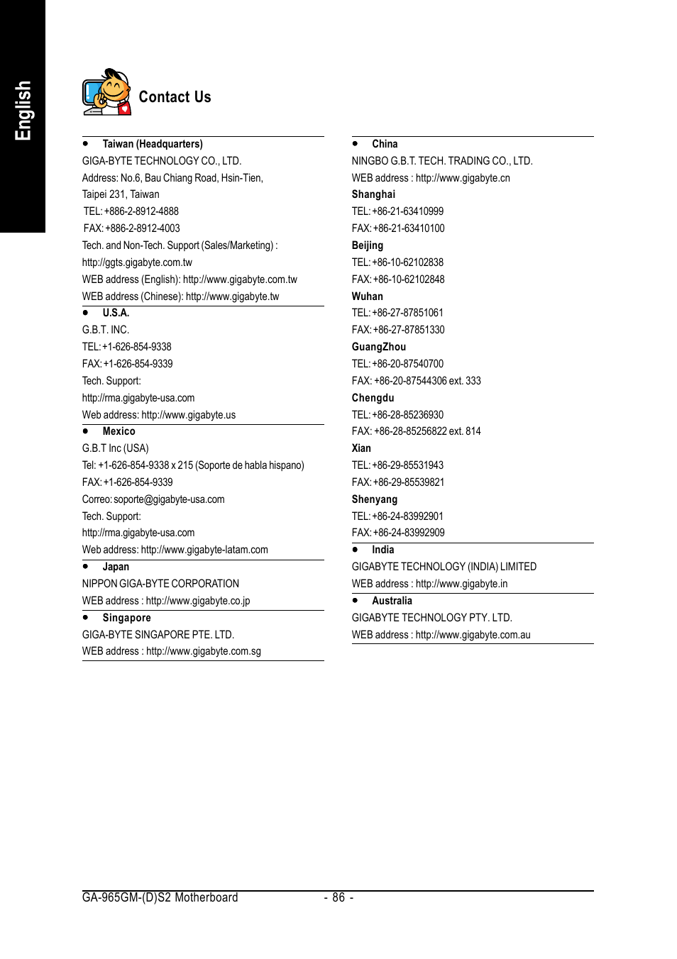 English, Contact us | GIGABYTE GA-965GM-DS2 User Manual | Page 86 / 88