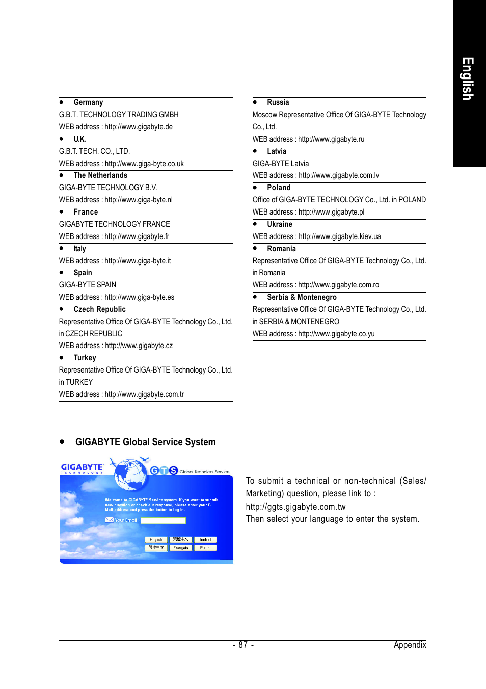 English, Yyy y y gigabyte global service system | GIGABYTE GA-965GM-DS2 User Manual | Page 87 / 88