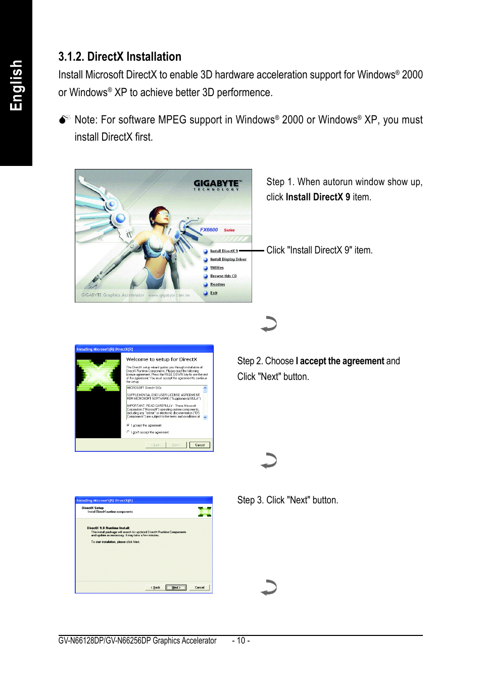 English, Directx installation | GIGABYTE GeForceTM 6600 Graphics Accelerator GV-N66256DP User Manual | Page 10 / 34